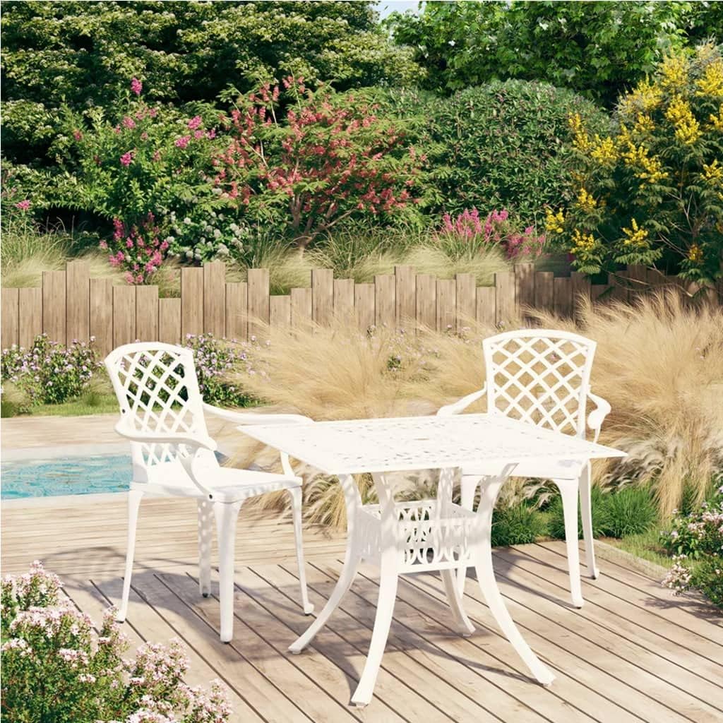 White Cast Aluminum Bistro Set, 3 Piece Outdoor Patio Furniture, Round Table & 2 Chairs, Durable Garden Balcony Dining Set, Geometric Pattern