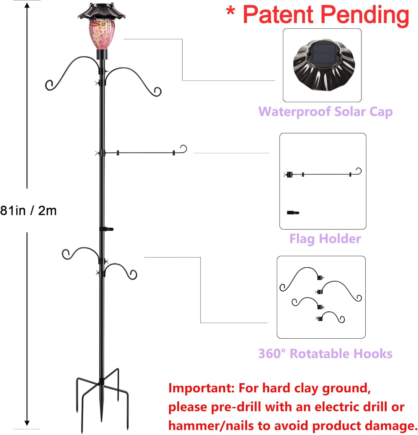 LUJII Solar Shepherds Hooks for Outdoors, Bird Feeder Pole with 4 Adjustable Hangers and 1 Flag Holder, Garden Stand for Hummingbird Feeders, Wind Chimes, Plant Baskets, Lanterns (Purple)