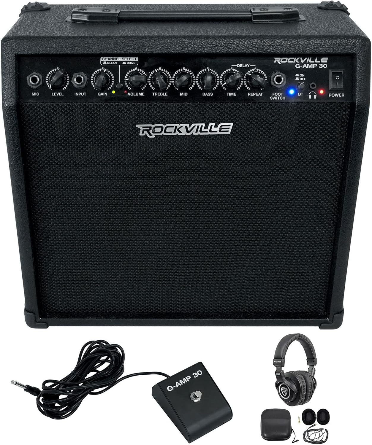 Rockville G-AMP 30 Bundle: 30-Watt Guitar Combo Amplifier with Bluetooth, Mic Input, Footswitch, (1) PRO-M50 Studio Headphones with Detachable Coil Cable, Case+Extra Ear Pad, 2-Piece