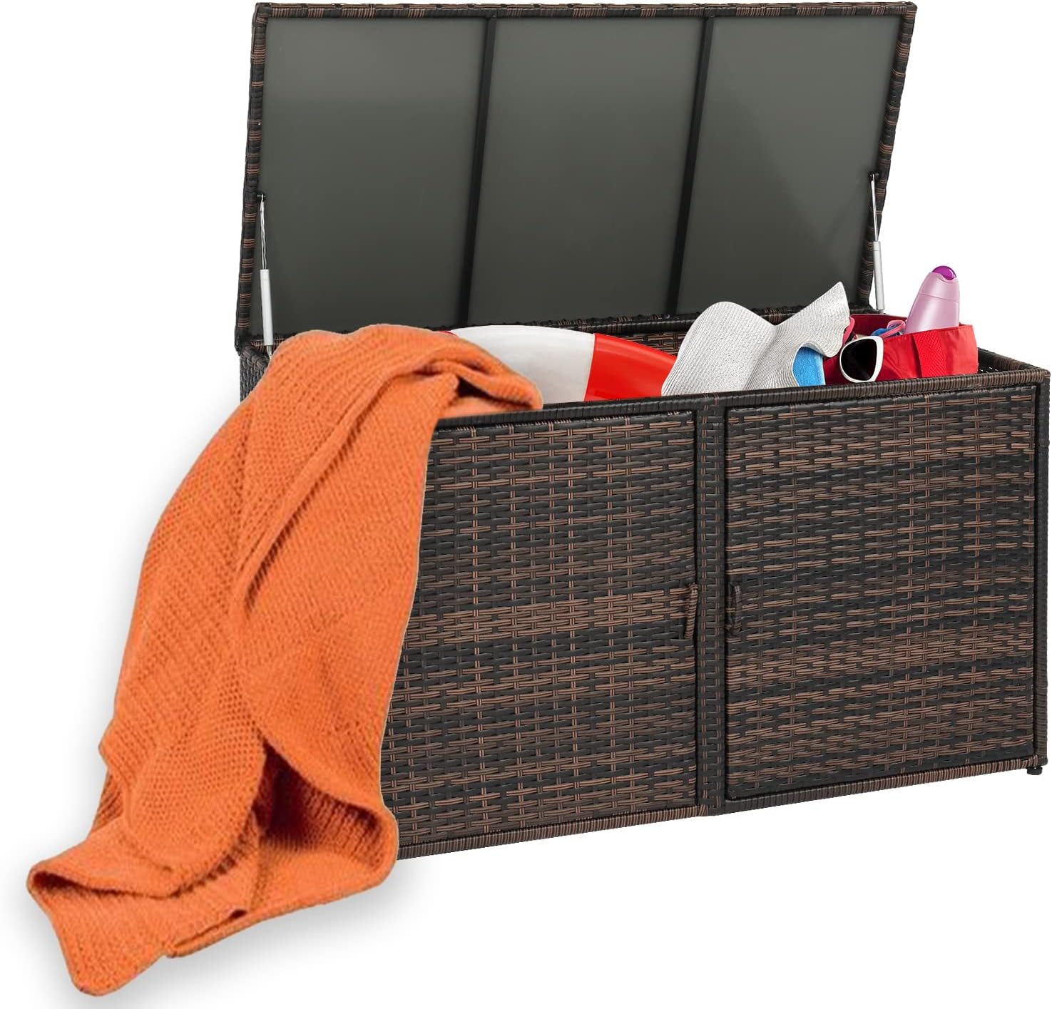 Deck Box,Outdoor Wicker Storage Box,Patio Cushion Storage Bench,Rattan Storage Bin Container for Patio Furniture,Pool Accessories,Cushions,Garden Tools and Outdoor (Rectangle)