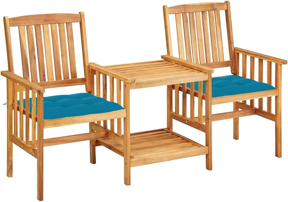 Patio Chairs with Tea Table and Cushions Solid Acacia Wood,Rustic Acacia Wood Bistro Set with Comfortable Cushions for Garden and Patio Patio Furniture Sets, Outdoor Furniture Sets