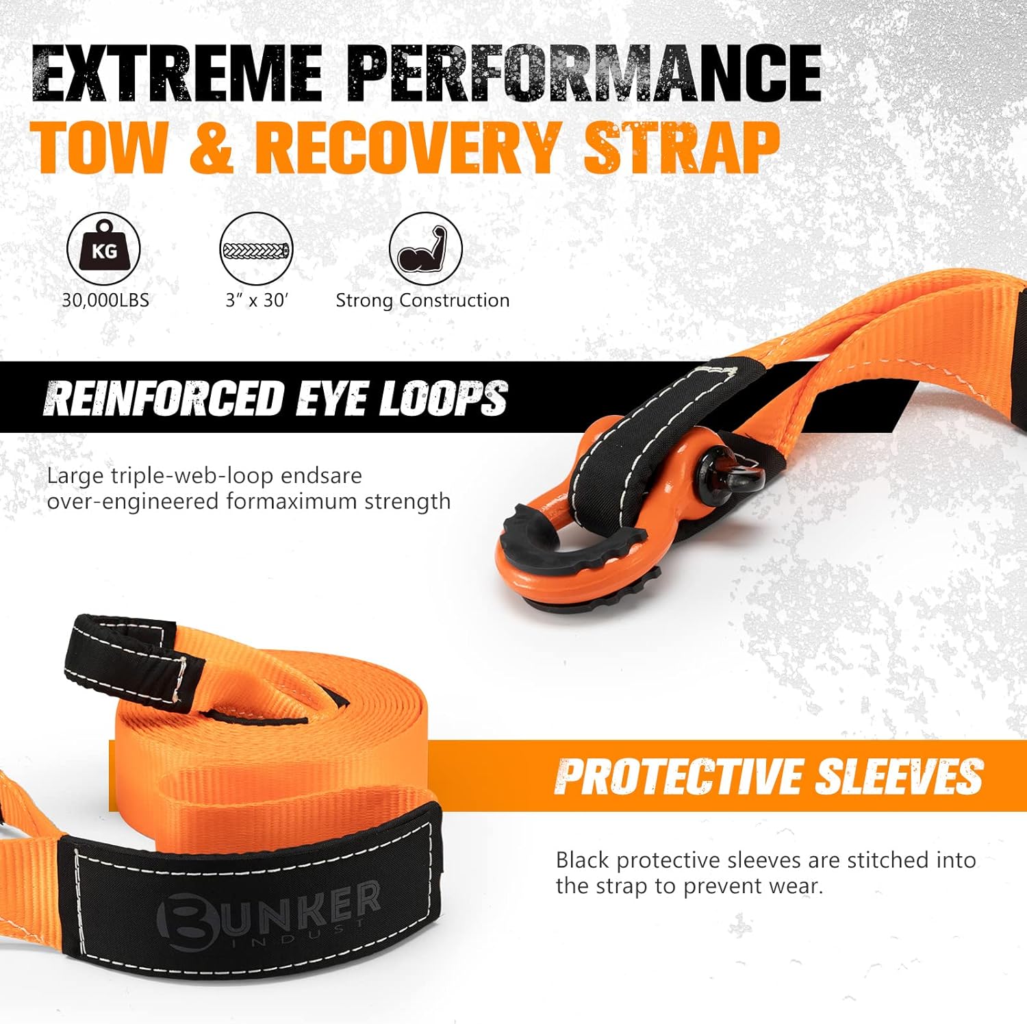 BUNKER INDUST Heavy Duty Tow Strap Recovery Kit,3