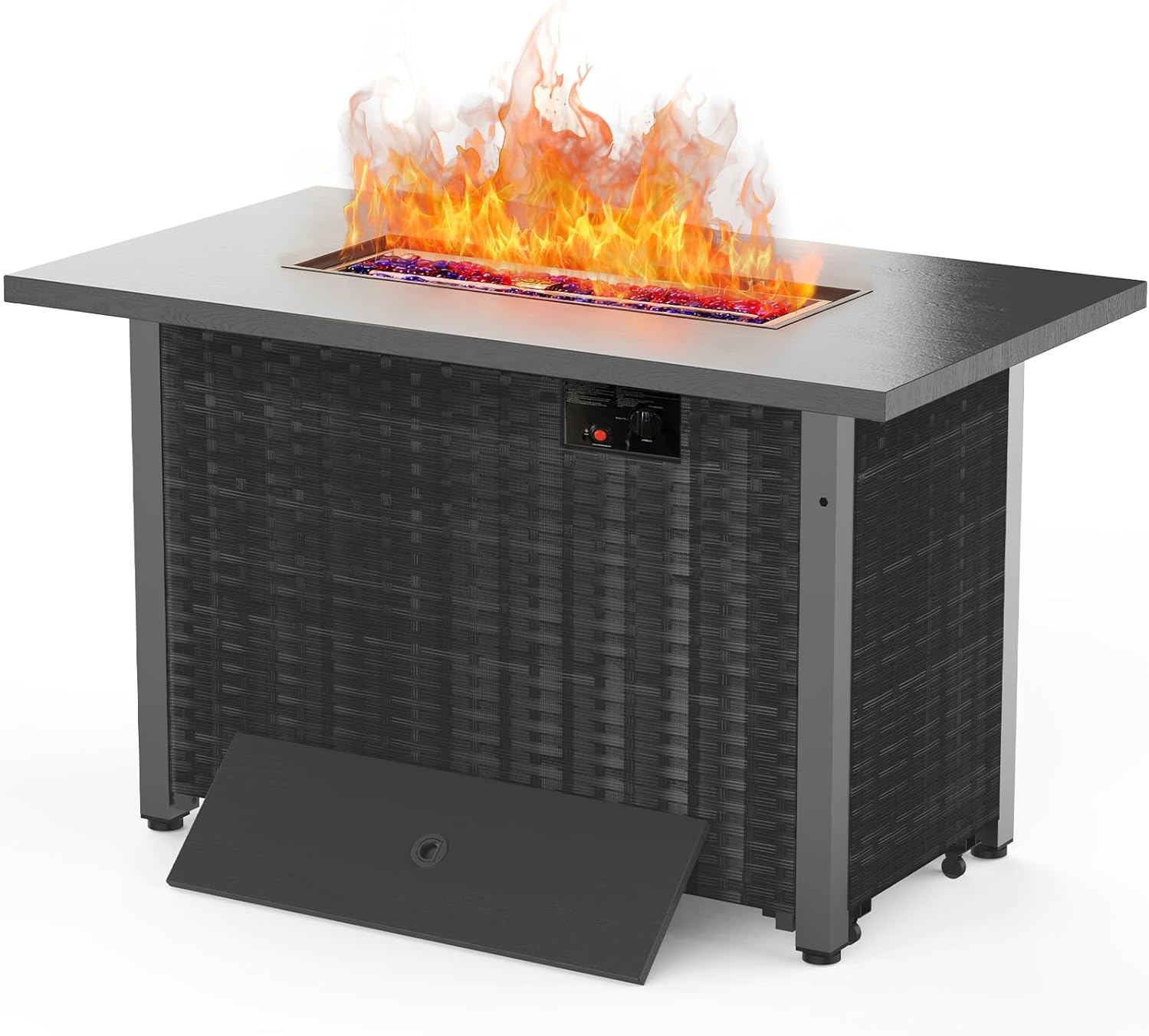 WAA 42 Inch Propane Fire Pit Table, 50,000 BTU CSA-Listed Steel Gas Fire Pit with Lid - Features Blue Crystal Stones & Metal Wood-Grain Board to Add Warmth and Ambience to Patio, Deck, Garden