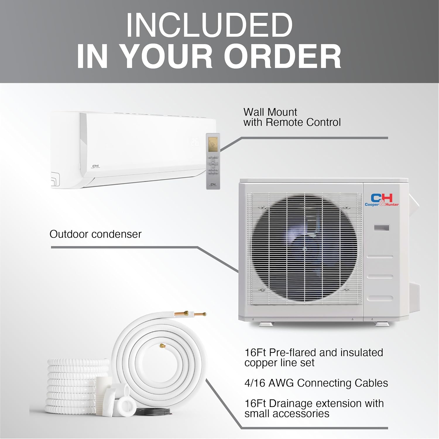 Cooper & Hunter Olivia Series 36,000 BTU 230V Mini Split AC/Heating System, Ductless Wall Mount – 18 SEER2 Inverter – 16FT Installation Kit – Pre-Charged R-410A System