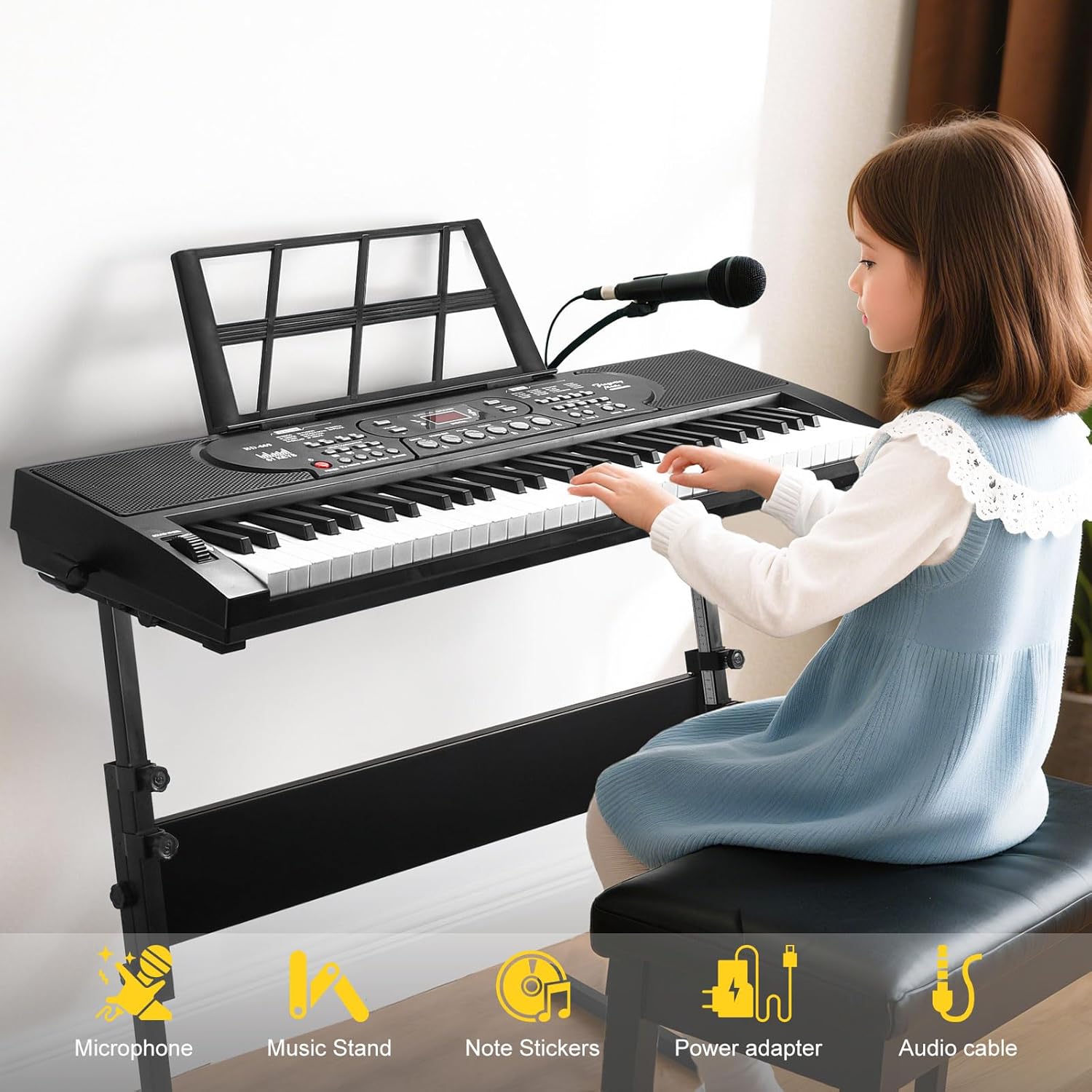 61 Key Keyboard Piano with Stand, Portable Electric Piano Keyboard Kit for Beginners with Stand, Microphone,Note Stickers, Music Rest, Digital Music Keyboard Built-In Speakers