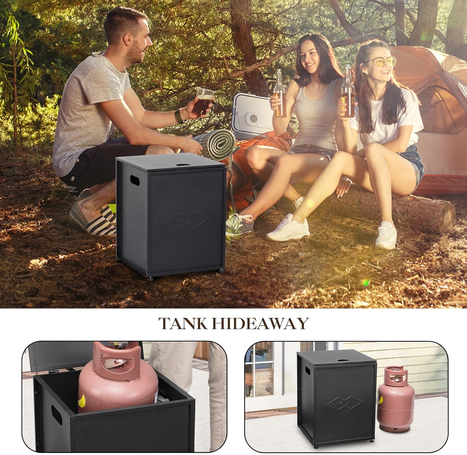 16‘’ Wide Outdoor Propane Tank Cover - 20 Lbs Tank Side Table with Storage, Dual Function for Gas Fire Pit, Grill, Griddle & Stoves Portable Design with Handles