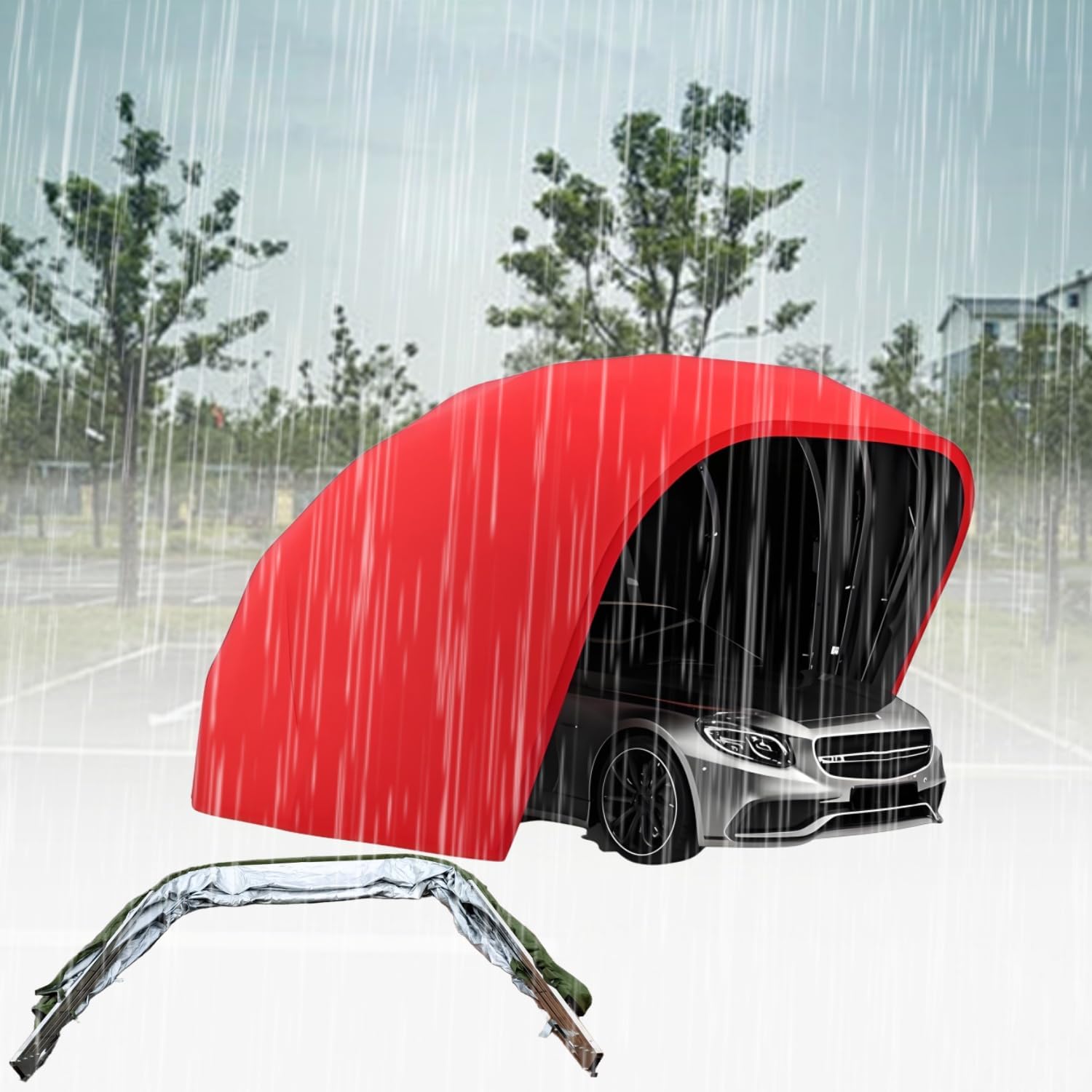 Carport Awning Shelter, Foldable Retractable Car Awning Protecting Auto From All Weathers, Stainless Steel Carport Outdoor Mobile Car Shelter, for Auto, Truck, Boat, Red,Fullyautomatic,6.4*2.8*