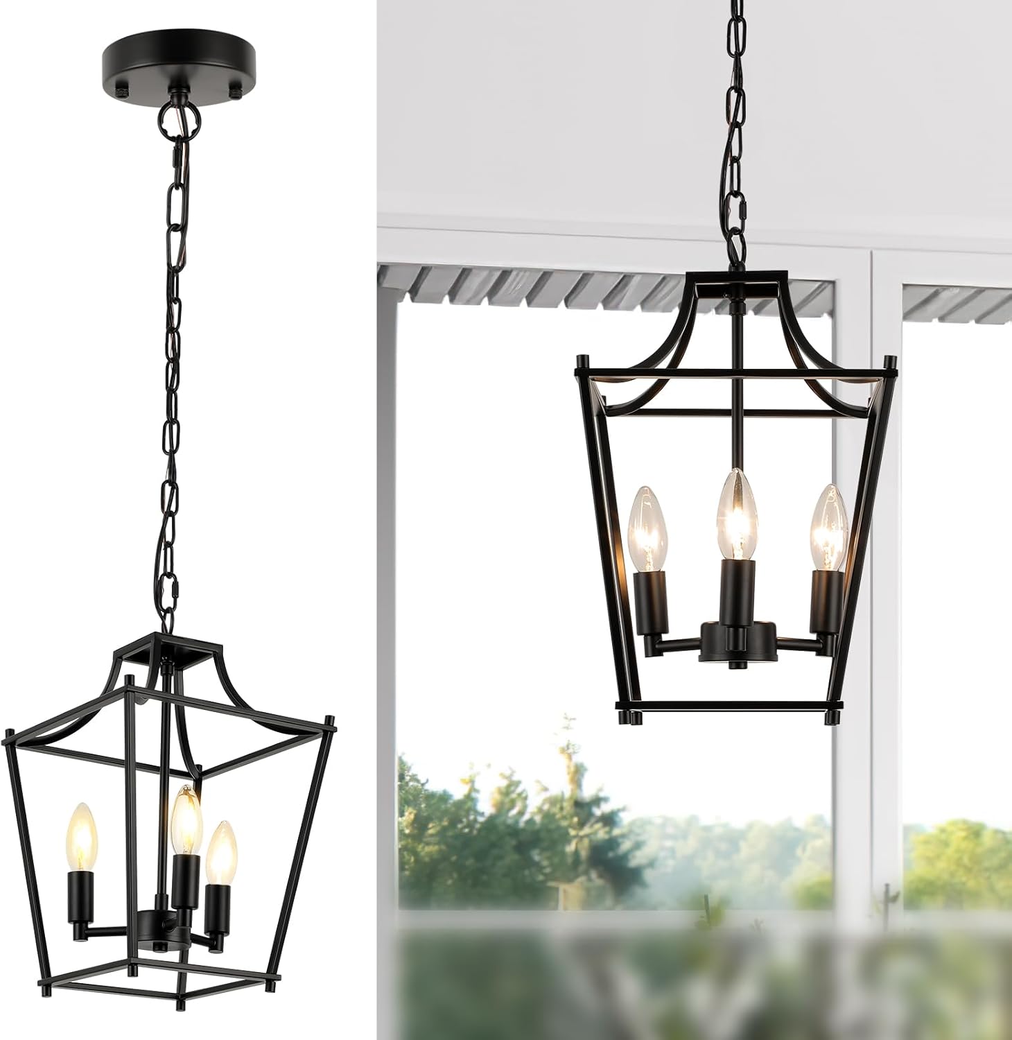 Lantern Pendant Light Black Pendant Light Fixtures 3-Light Black Lantern Pendant Lights, 9.4