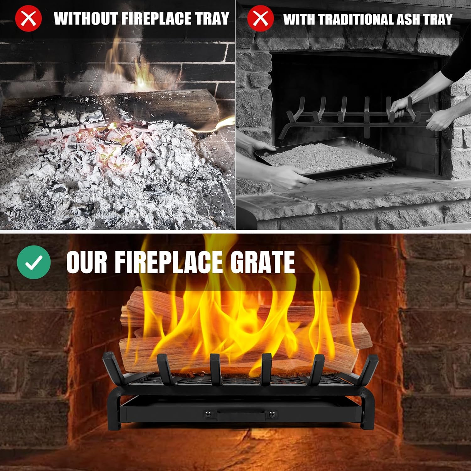 Fireplace Grate 20 Inch- Wood Stove Fireplace Log Grates with Ember & Ash Trays Pan, Heavy Duty Wrought Cast Iron Rack Holder Pit for Indoor Outdoor Chimney Hearth