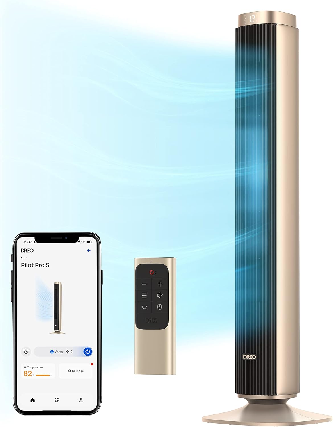 Dreo Tower Fan for Bedroom, 90° Oscillating Standing Fan with 40ft Far Airflow, 25dB Ultra Quiet DC Motor, 28ft/s Velocity, 12 Speeds, 42 inch, Smart Control, 4 Modes, 12H Timer, Pilot Pro S