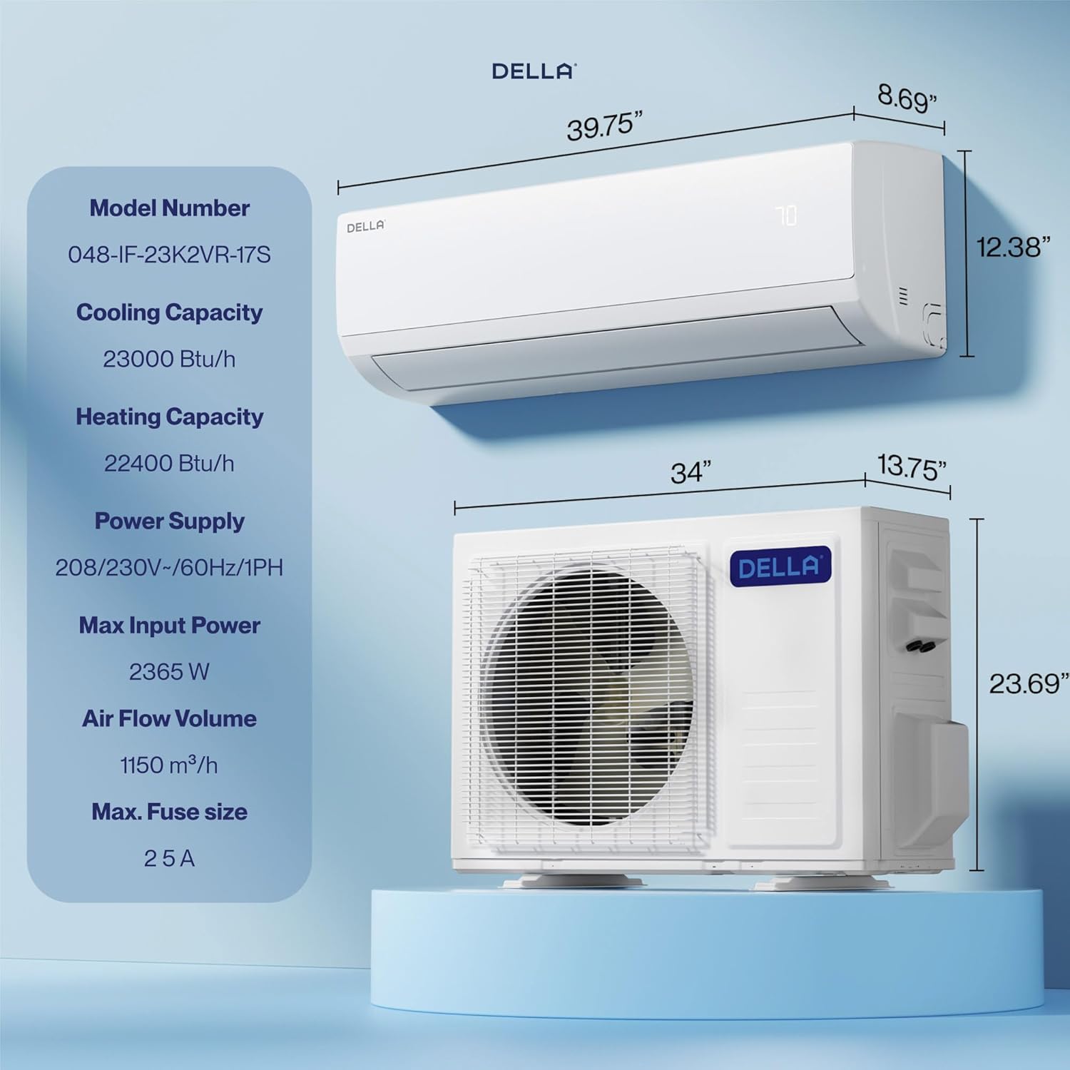 DELLA Econo Series 23000 BTU Mini Split Air Conditioner 17 SEER2, 230V Cools up to 1500 Sq. Ft, Works with Alexa and Wifi, Heater Ductless Inverter System with Heat Pump,16.4ft Installation Kit