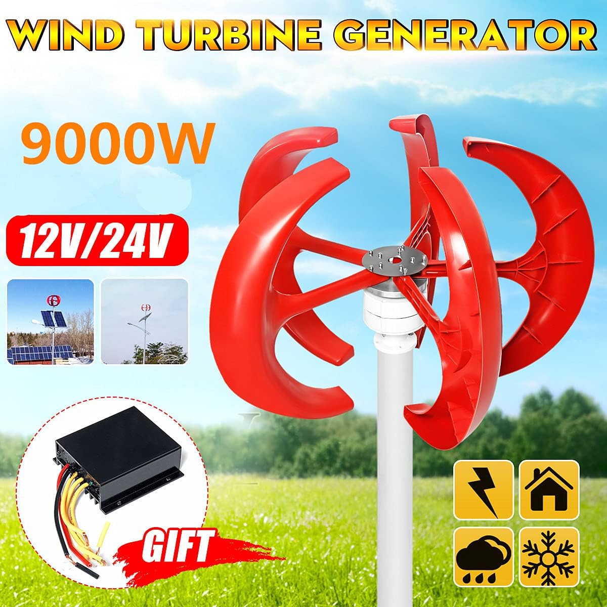9000W Vertical Axi Wind Turbines Generator Lantern 12V 24V 5 Blades Motor Kit for Home Hybrids Streetlight Electromagnetic