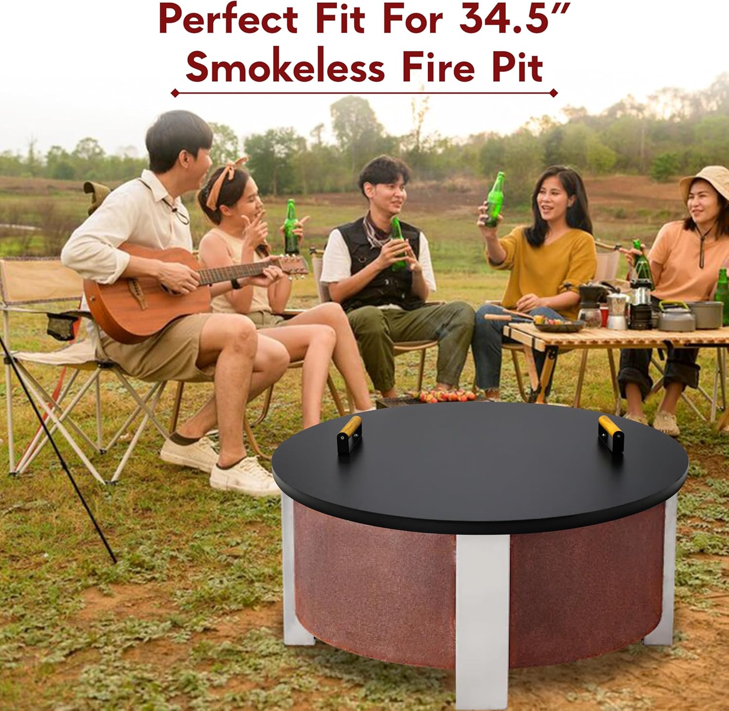 FEBTECH Solid Fire Pit Lid 35” - Fit for 34.5 Inch Smokeless Fire Pit - Carbon Steel Fire Pit Lid with Dual Wooden Handles & Powder Coating - Reliable Use as Garden Decor Fire Pit lid Accessories