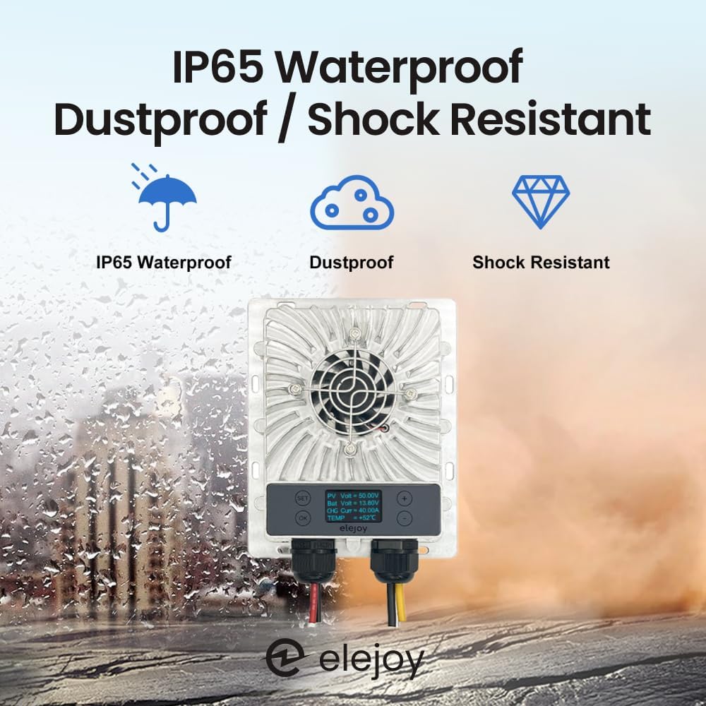 40 Amp 12V/24V Waterproof Outdoor MPPT Solar Charge Controller Step-Down ↘ Adjustable Output Lithium LiFePO4 Lead-Acid Gel Sealed Flooded Battery | LED Display Boat Marine RV Golf Cart | IP65