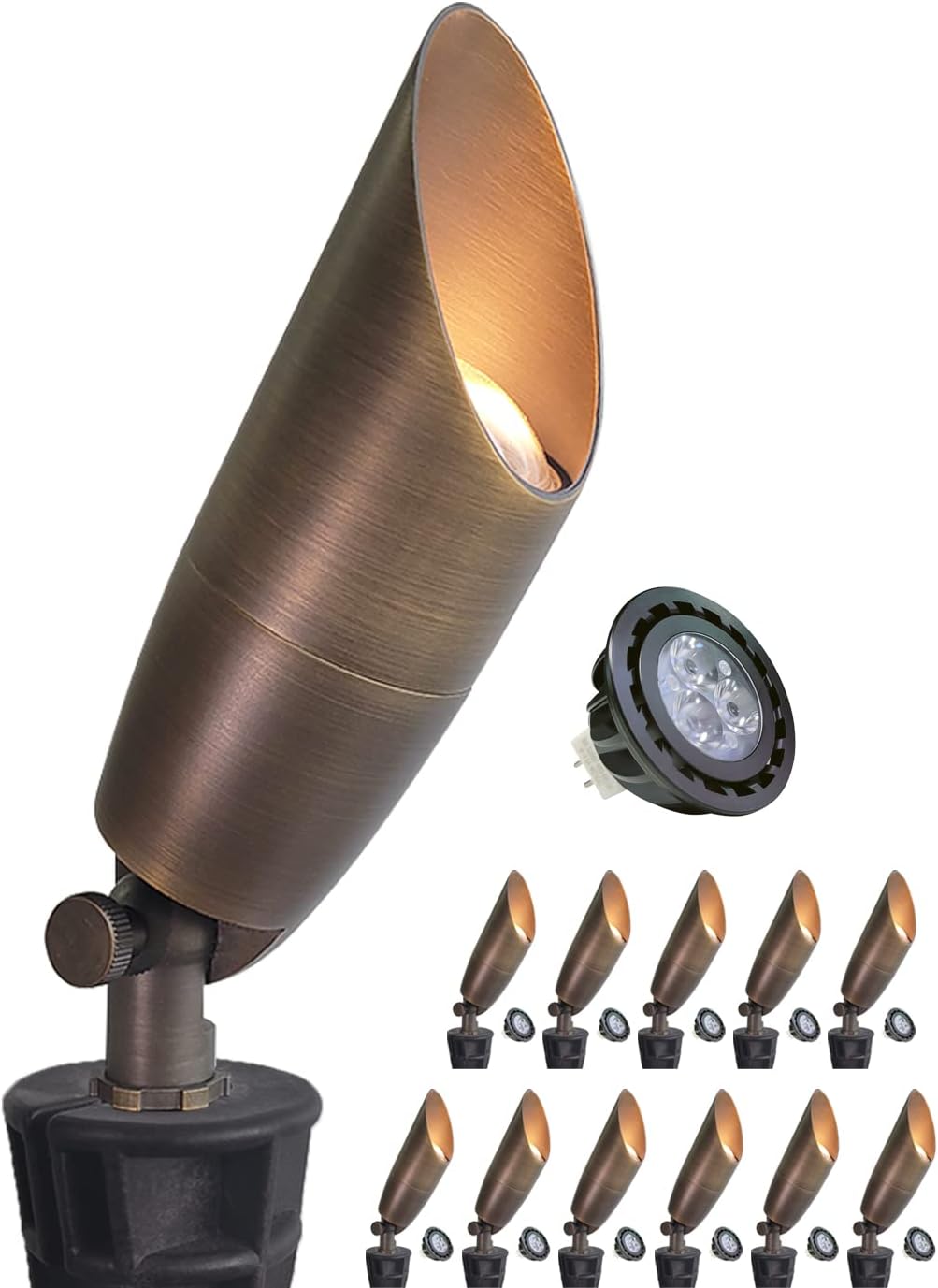 MALORY Solid Brass Landscape Spotlight 12-Pack with Bulb(S06), Low Voltage Front and Backyard Landscape Lighting with Large Rugged Slot Spike & Wire Connector,12V AC/DC Garden Patio Spot Up Light