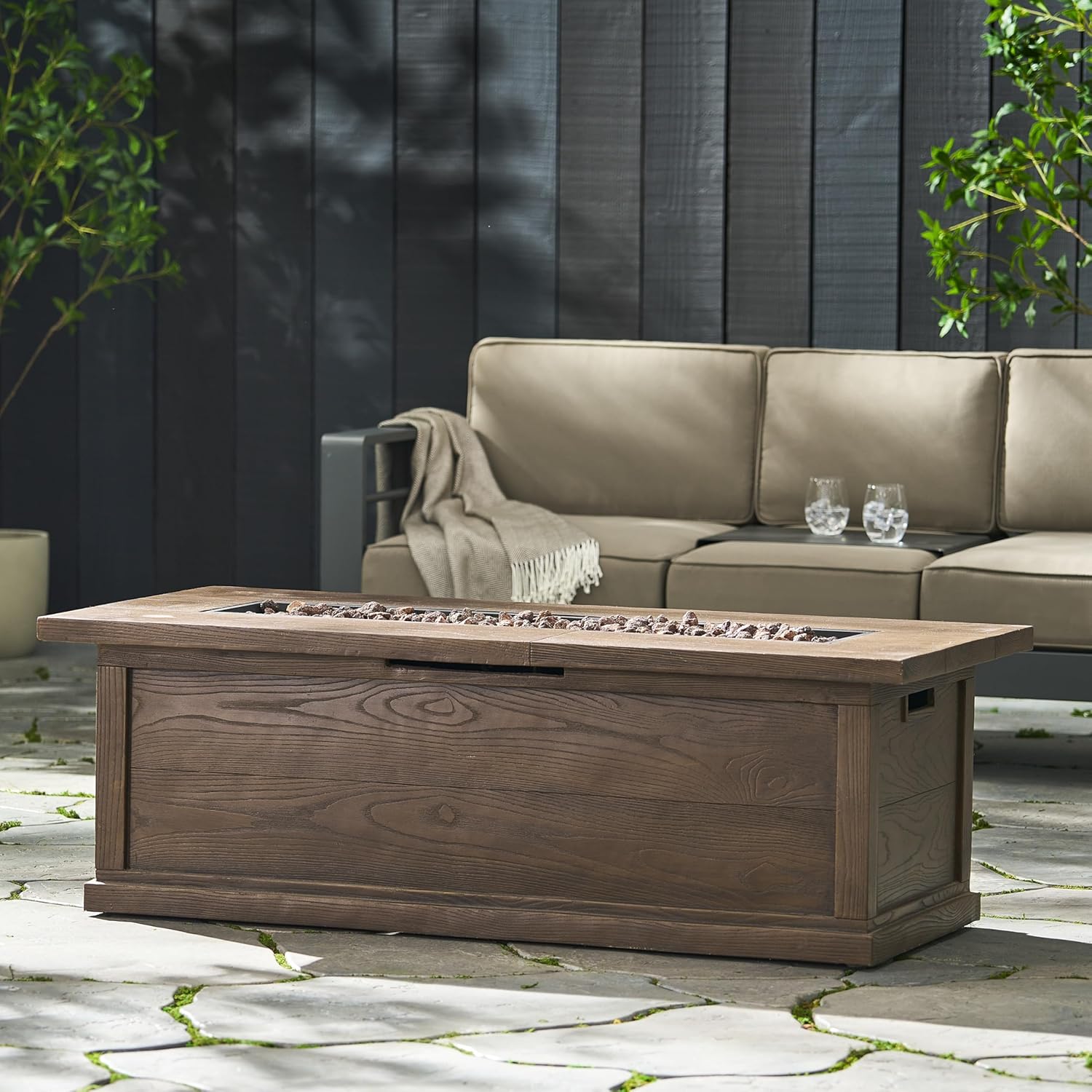 56'' Rectangular Outdoor MGO 50,000 BTU Propane Fire Pit, Brown Wood Pattern (Tank Cover not Included)