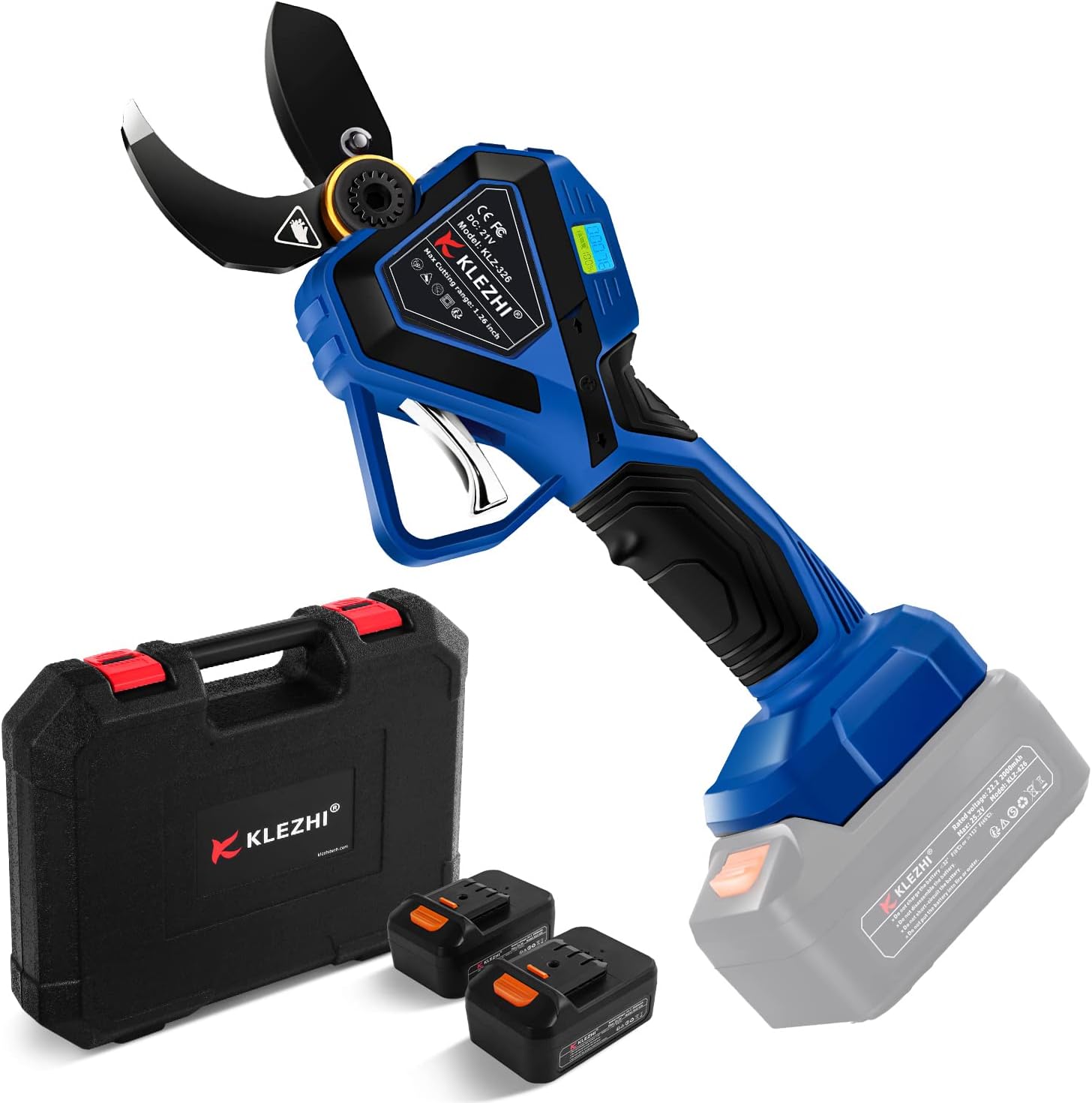 Cordless Electric Pruning Shears with Colorful LED Dispaly,Cut capacity of 32mm / 1.26inches, 2 x 2 Ah Lithium Rechargeable Battery 8-10 Working Hours Blue