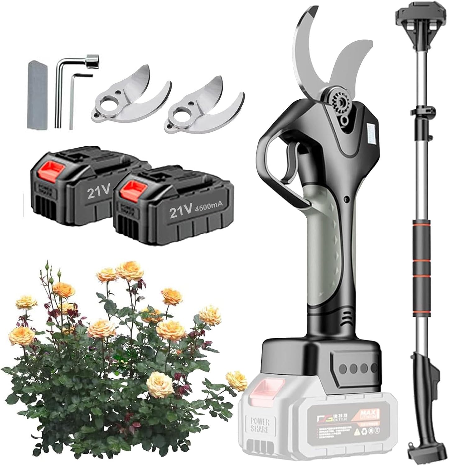 Cordless Electric Pruning Shears, 50mm Cutting Diameter, 2×4.5ah Battery, 2.1m Telescopic Pole, LCD Display, Brushless Motor, for Tree Trimming, Gardening