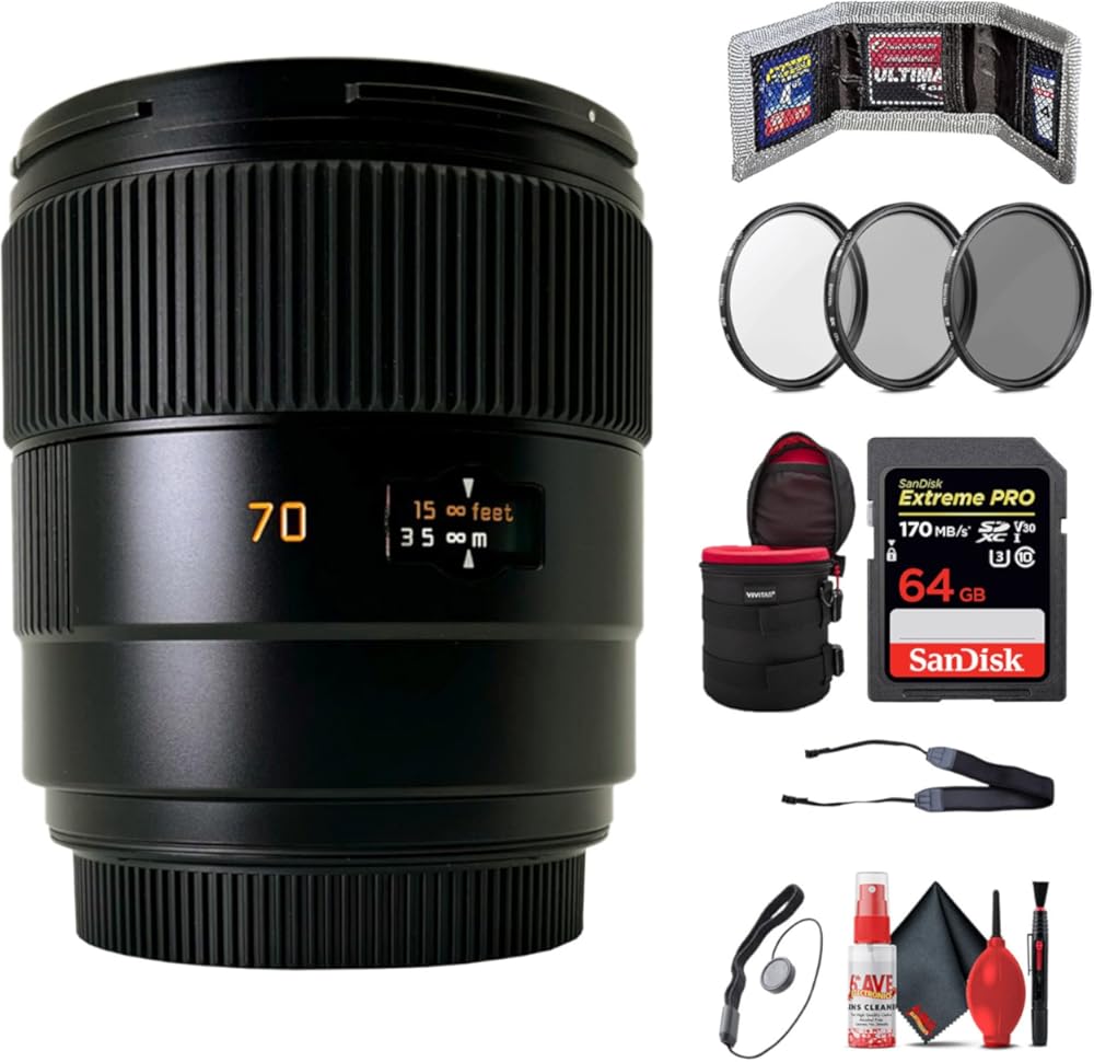 Leica Summarit-S 70mm f/2.5 ASPH. Lens (11055) with 64GB Extreme Pro SD Card + Padded Lens Case + 82mm 3-Piece Filter Kit + Memory Card Wallet & Reader + Neck Strap + Lens Cap Keeper + Cleaning Kit