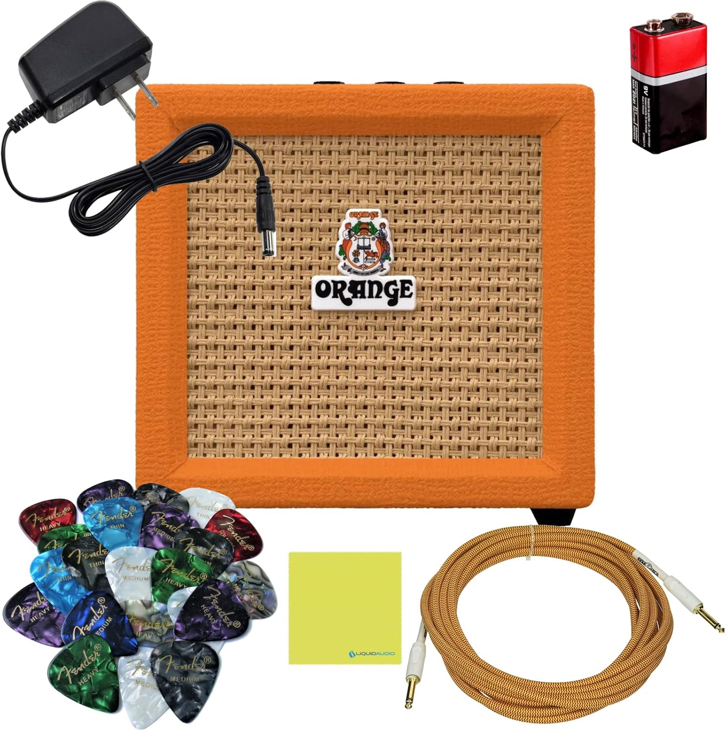 Orange Amps Crush Mini 3W Guitar Amp Combo Set with Power Adapter, Pig Hog Instrument Cable, 24x Guitar Picks, Battery & Liquid Audio Polishing Cloth - Portable Mini Amplifier