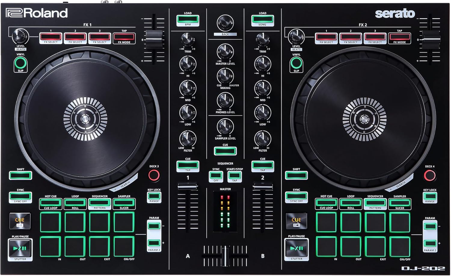 Roland DJ-202 Compact DJ Controller | 2-Channel, 4-Deck Controller for Serato DJ Lite | Large, Low-Latency Platters | Iconic Roland Drum Kit Sounds