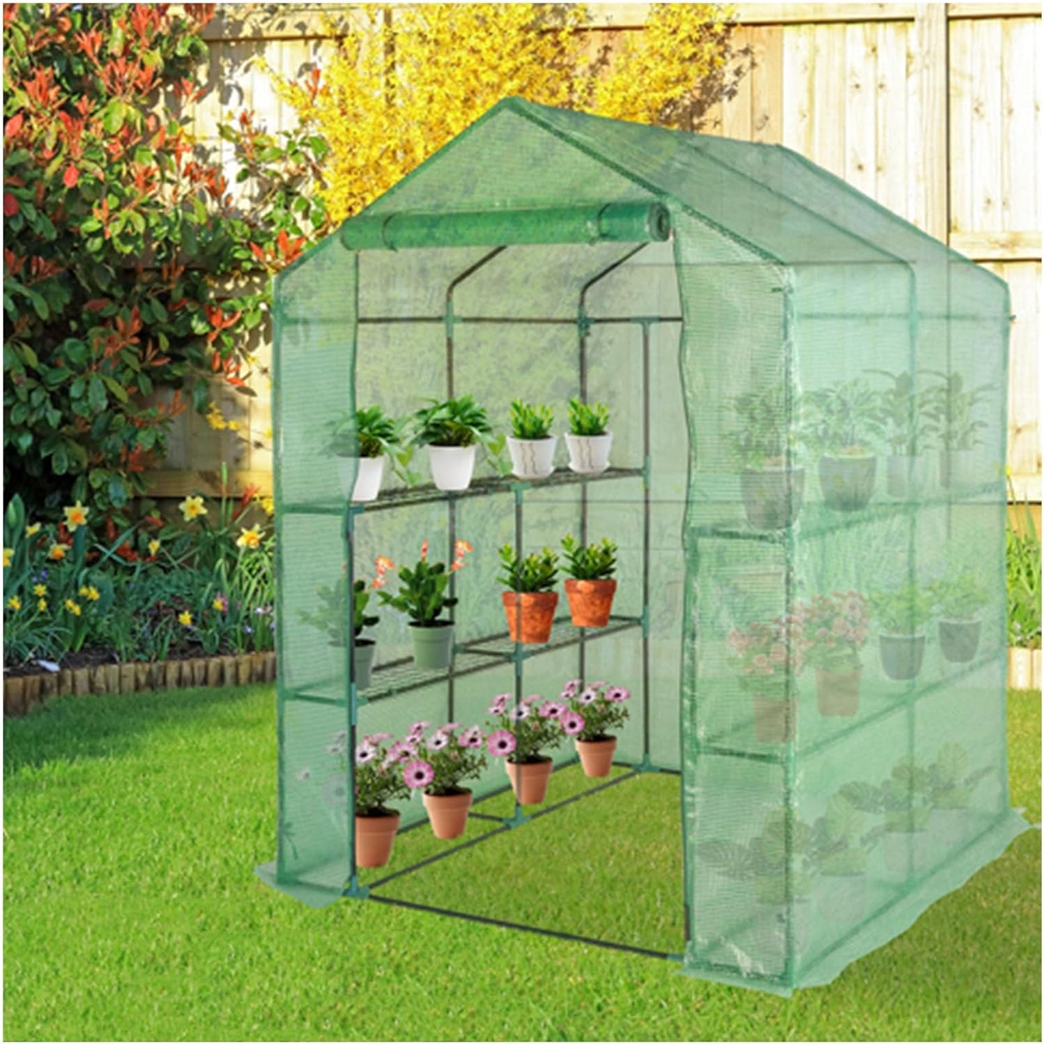 Garden Greenhouse Shed 3-Tier Plant Stand with Zip Roll-up Door PE Fabric Greenhouse with Frost Protection and Warmth for Plants with 8-Piece Grid Trellis