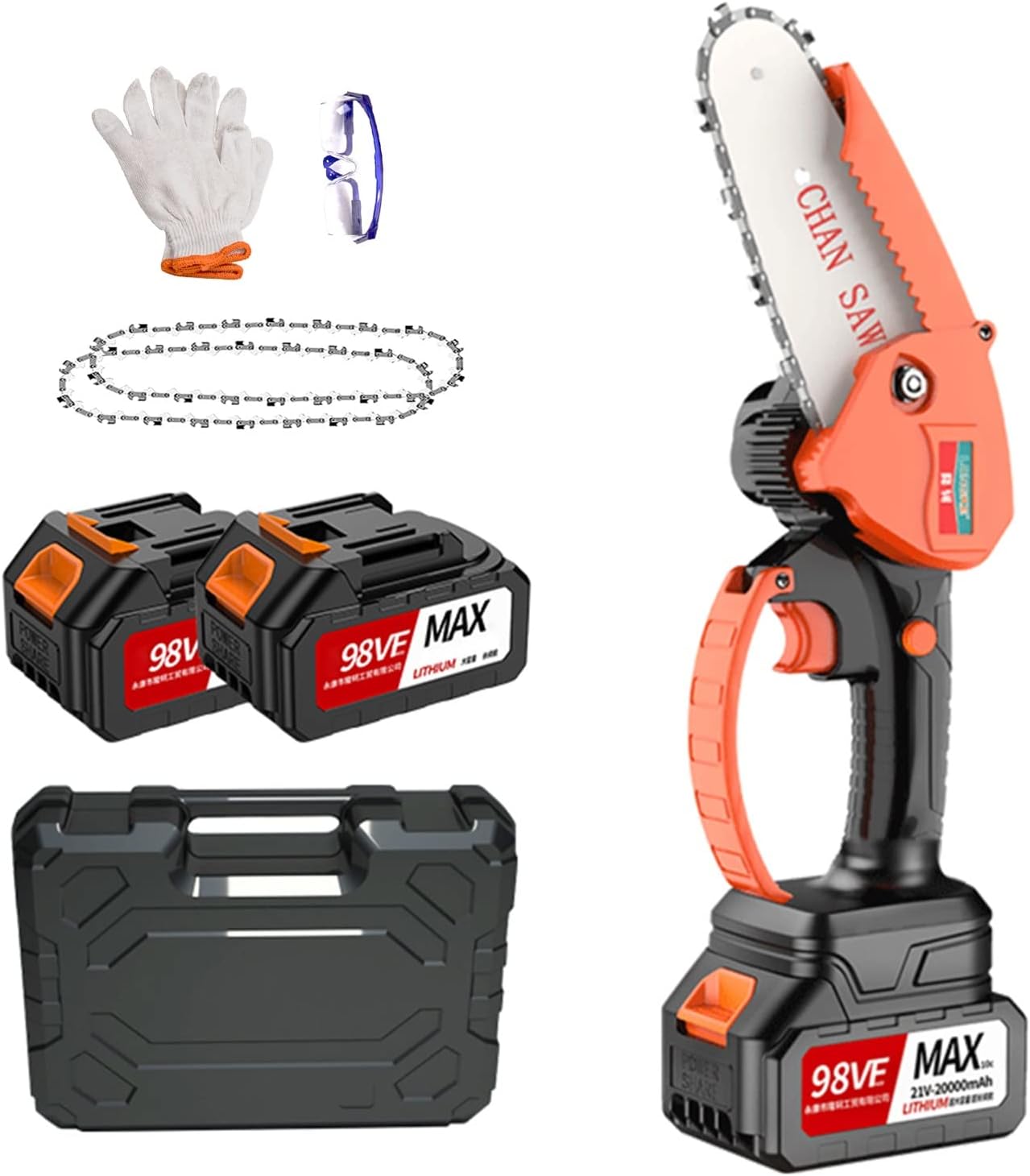 4-Inch Cordless Mini Chainsaw Battery Powered Portable Handheld Chainsaw and Security Lock for Wood Cutting, Tree Branch Pruning and Gardening (2 Batteries,2Pcs Chains)