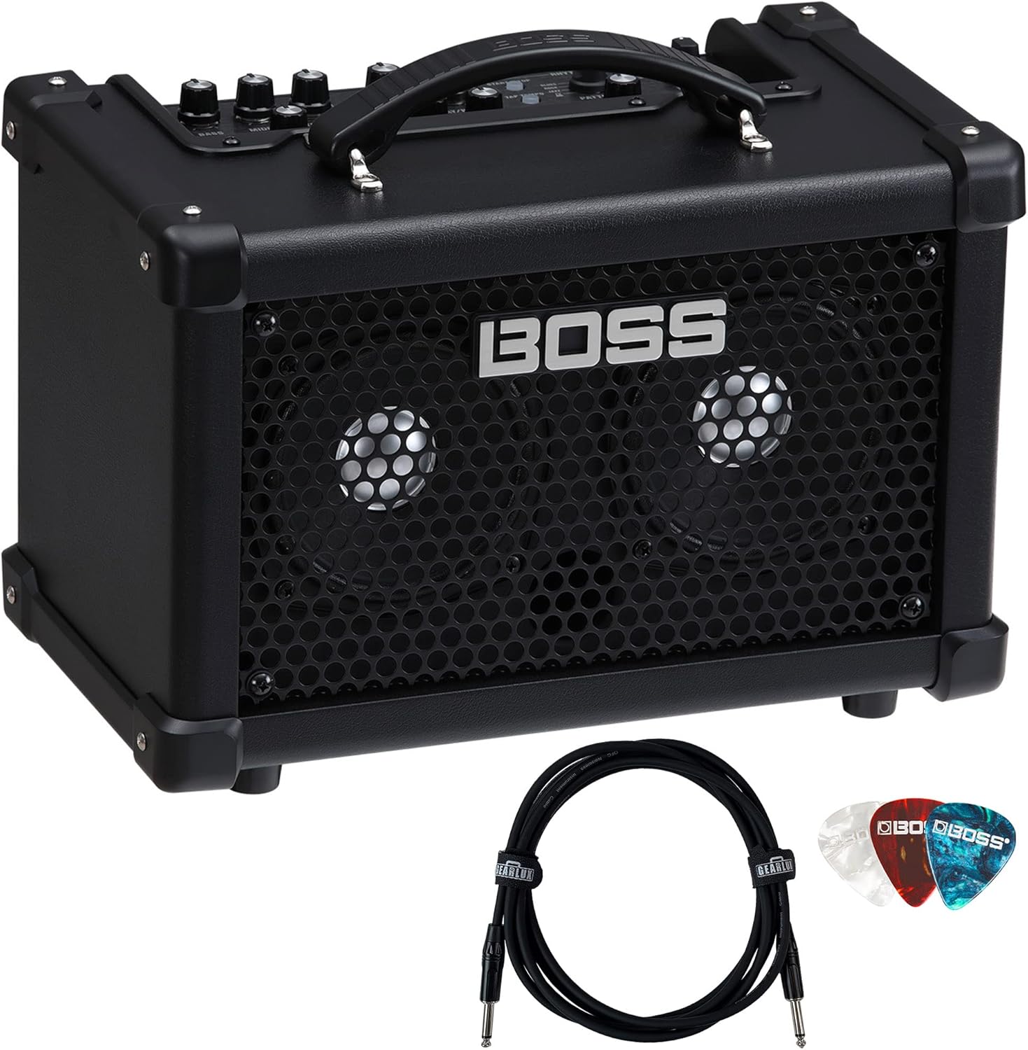 Boss Dual Cube LX 2 x 5-inch 10-watt Portable Bass Guitar Combo Amplifier Bundle with Gearlux Instrument Cable and Picks