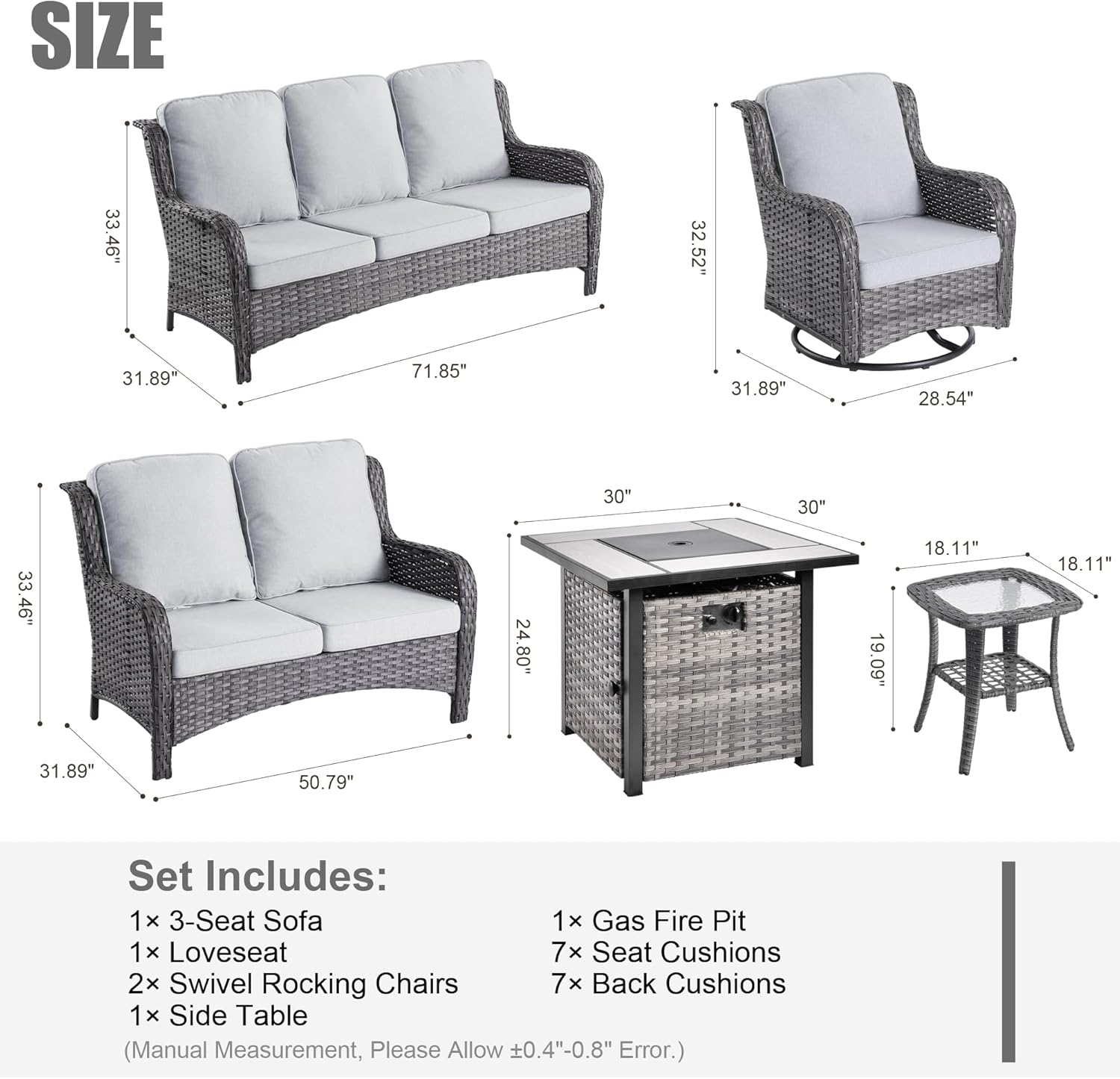 HOOOWOOO Patio Outdoor Furniture Set with Propane Fire Pit Table Swivel Chair,6 Piece High Back Wicker Couch Sofa Set,Outside Weather Resistant Conversation Seating Set w Curve Arm(Light Gray)