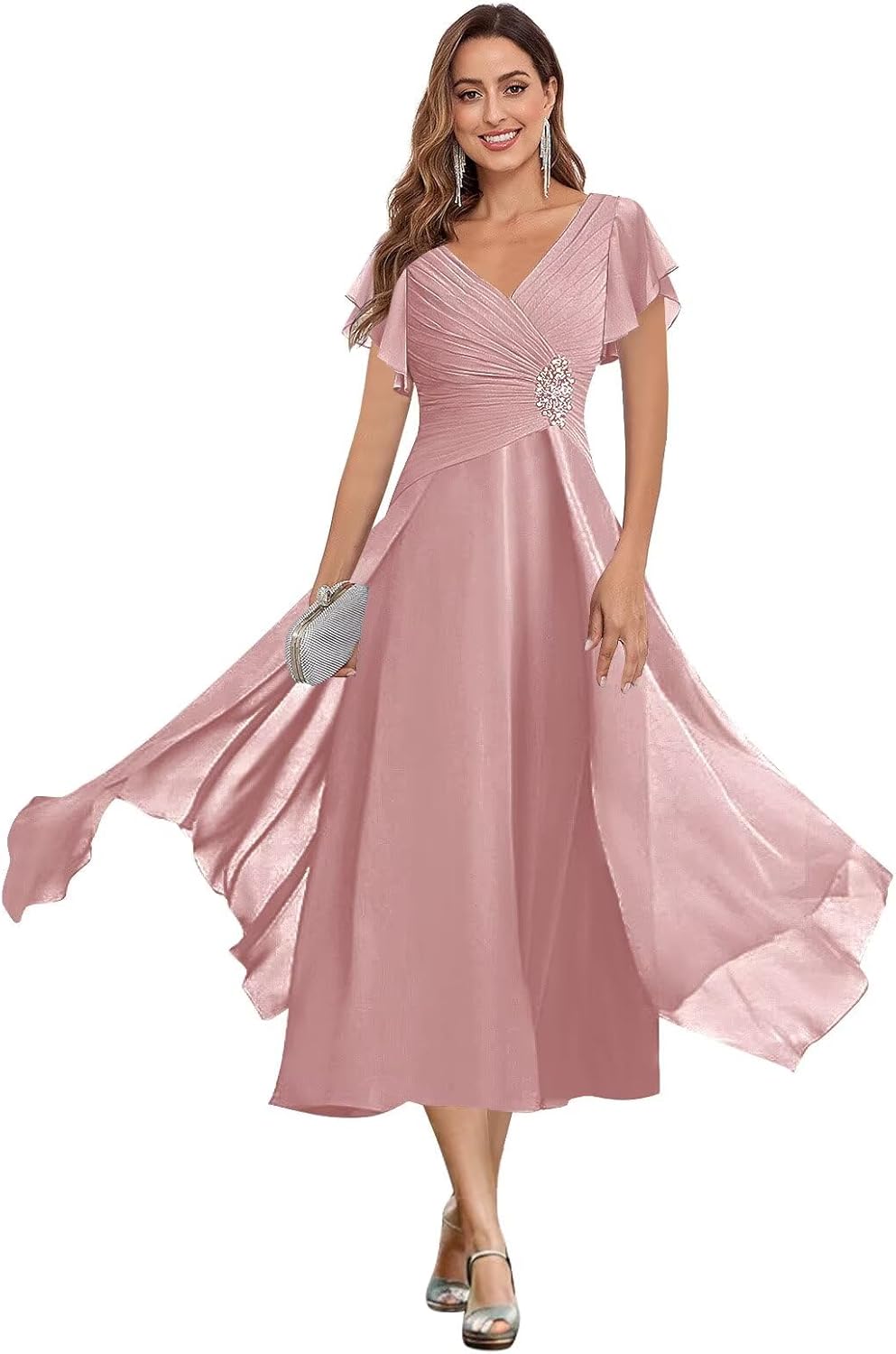 POMUYOO Mother of The Bride Dresses for Women Chiffon Tea Length Formal Dresses Wedding Guest Dress with Sleeves