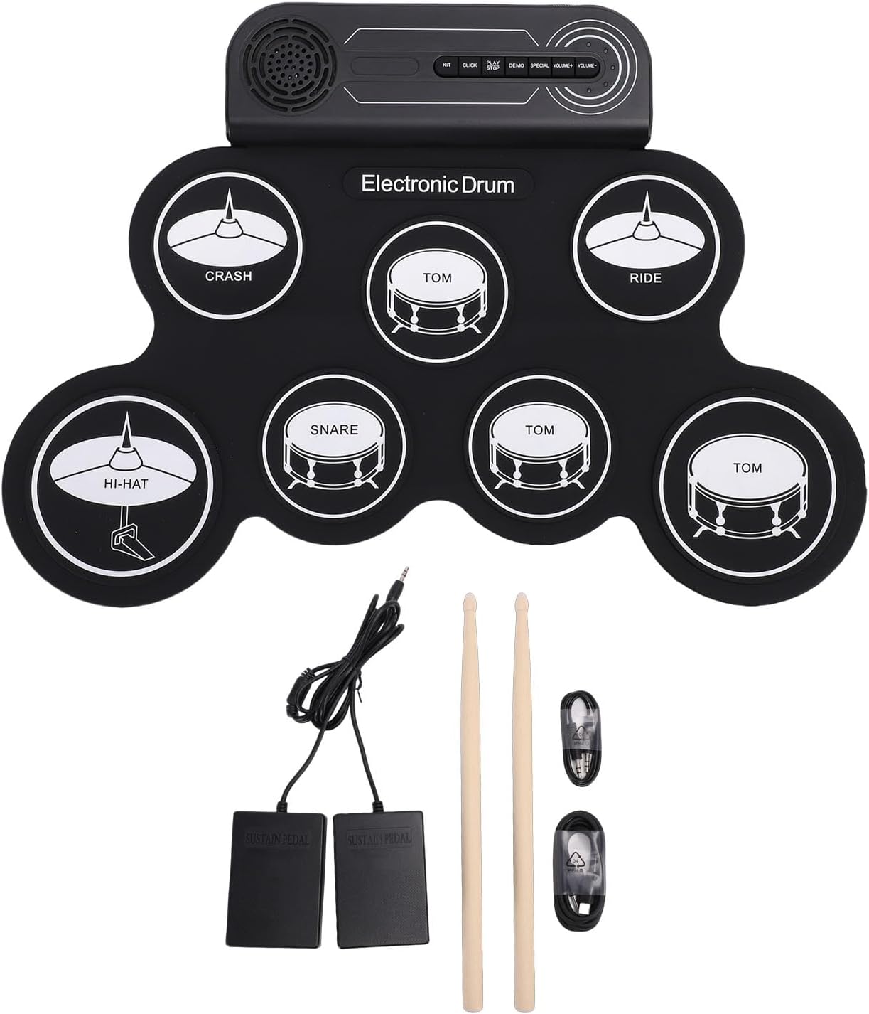 Jiawu Electric Drum Set, 7 Pads Electronic Drum Set Built in Speaker, Portable Roll Up Drums Practice Pad Machine with Pedals and Sticks, Rechargeable Instrument for Beginner & Kids