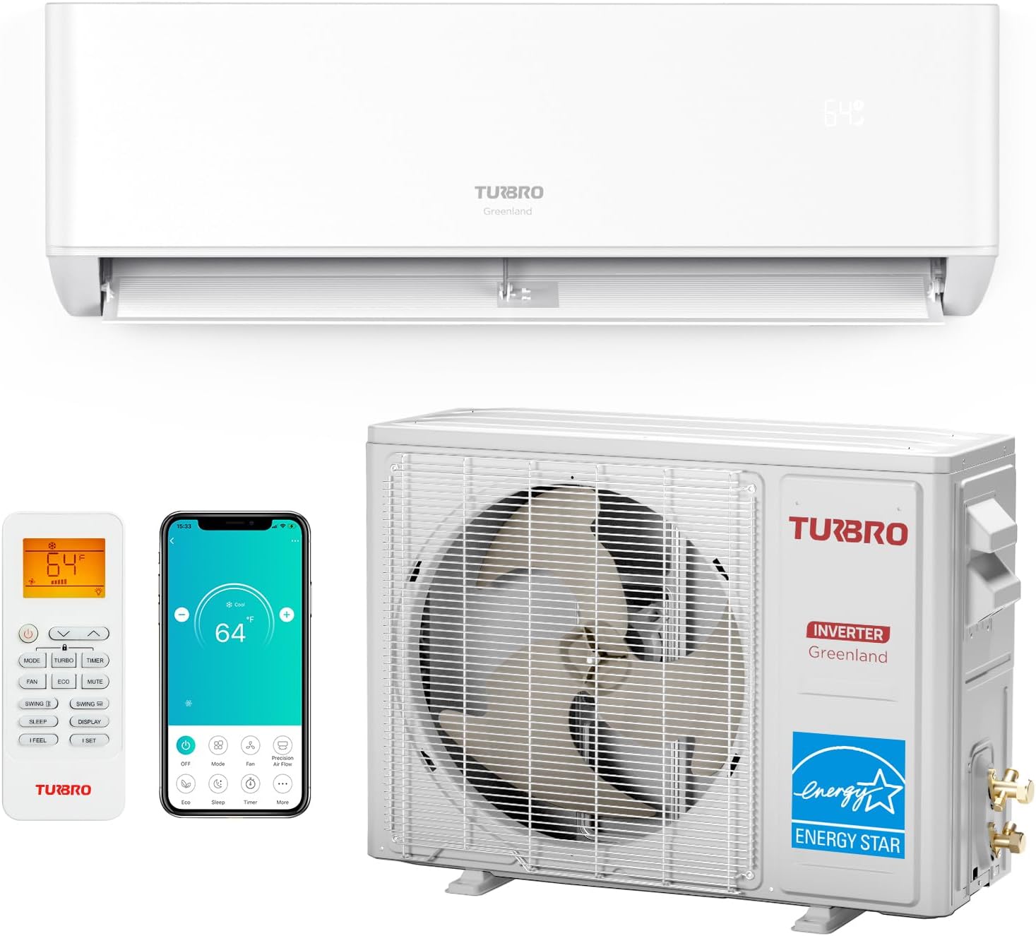 TURBRO 24,000 BTU Ductless Mini Split Inverter AC with Heat Pump, 23 SEER2, 230V, Energy Star, WiFi-Enabled, R454B, Cools up to 1,500 Sq.Ft，R454B，Greenland Series