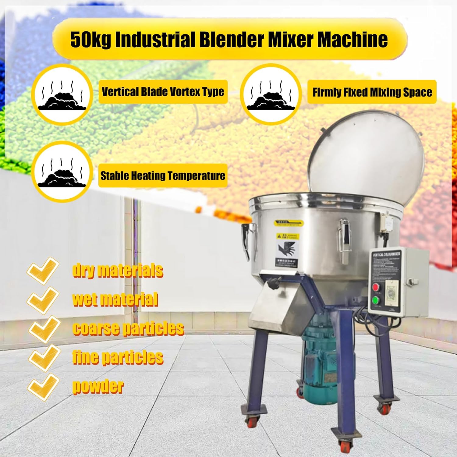 Industrial Blender Mixer Vertical Color Mixer 50kg Tank Material Mixing Machine Vertical Blade Vortex Type Blender 2HP Stainless Steel Blending Mixing Machine, AC110V Single-Phase