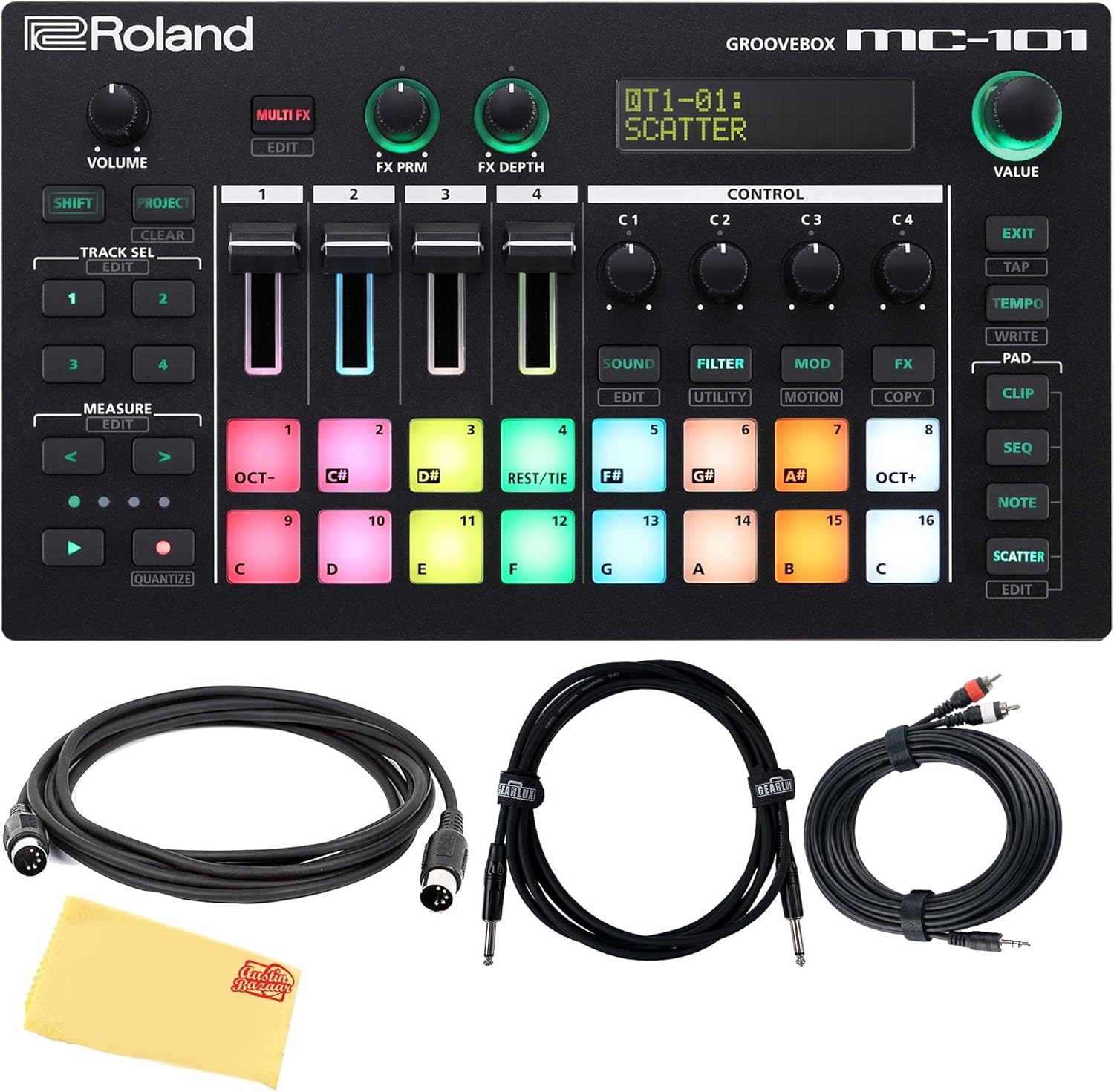 Roland MC-101 Groovebox Compact Music Production Workstation Bundle with 10ft MIDI cable, Instrument Cable, and Austin Bazaar Polishing Cloth