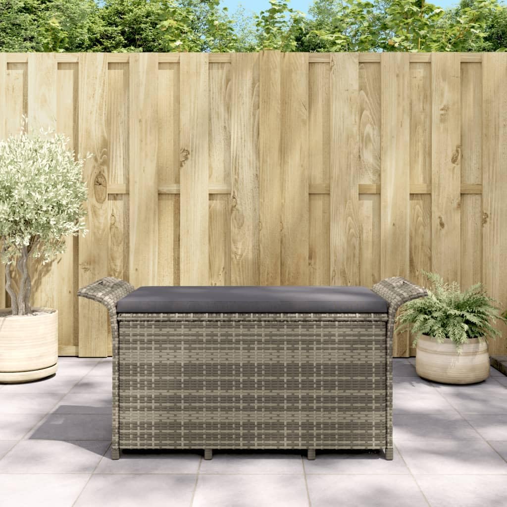 Outdoor Wicker Storage Bench Deck Box with Dark Gray Cushion, PE Rattan Patio Furniture Pool Storage Bin Container with Interior Waterproof Cloth Bag, 45.7