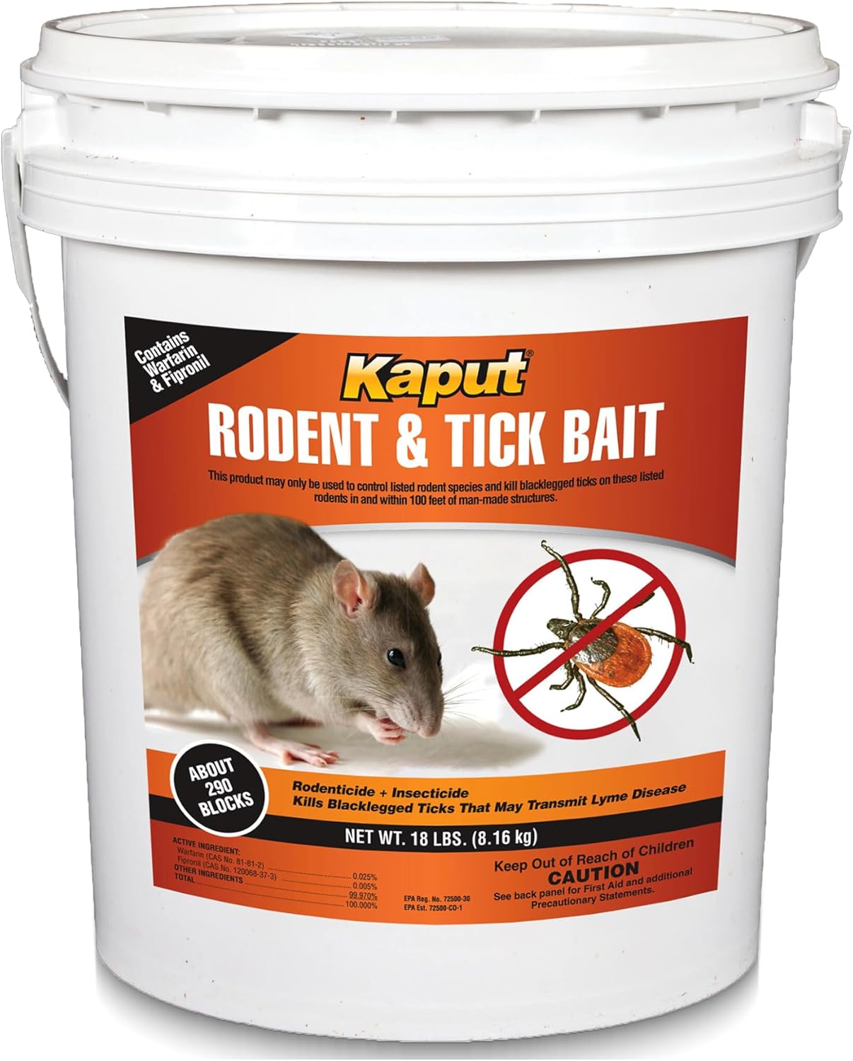 Kaput Rodent & Tick Bait Blocks,18 Lb - Powerful Warfarin & Fipronil Rat Bait Blocks for Rat Control and Their Blacklegged Ticks - Epa Approved Rodent Killer for Long-Lasting Protection