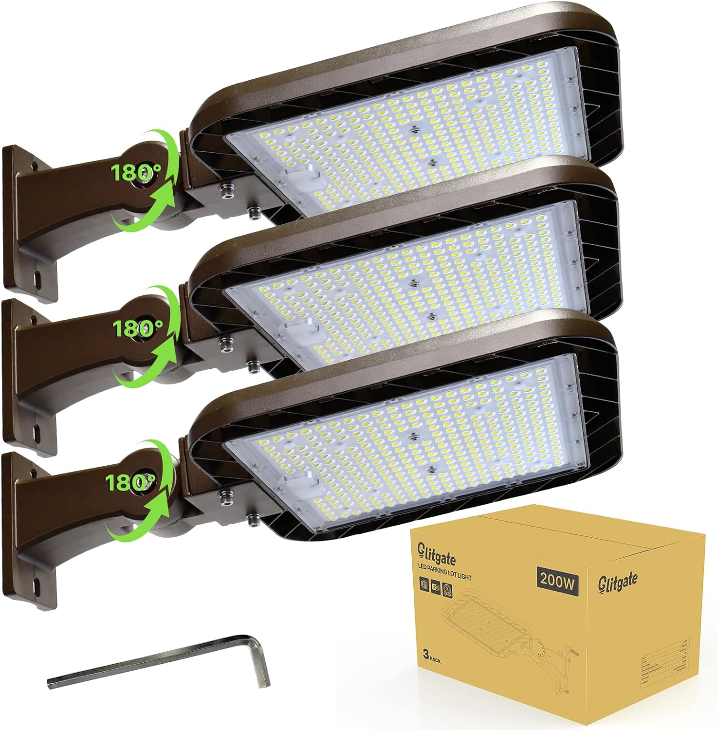 Glitgate LED Parking Lot Lights 200W 30000LM 5000K Dusk to Dawn Photocell Outdoor Street Lights,Adjustable Arm Mount IP65 Waterproof Commercial Area Security Light for Parking Lot, Roadway, 3 Pack