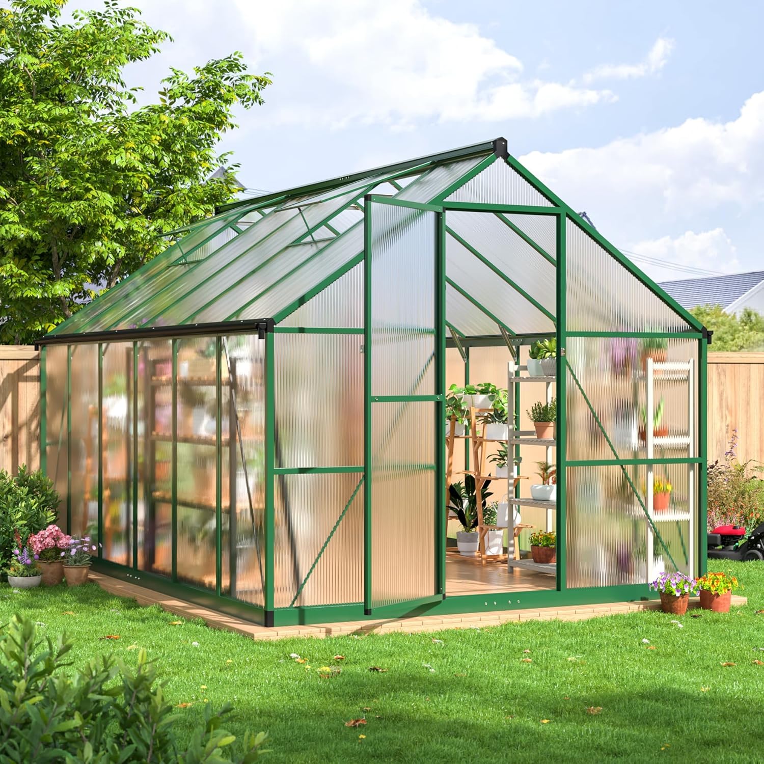 8x12 FT Greenhouse for Outdoors, Quick Setup Polycarbonate Greenhouse for Outside with Roof Vent, Aluminum Large Walk-in Green House for Garden Backyard, Green