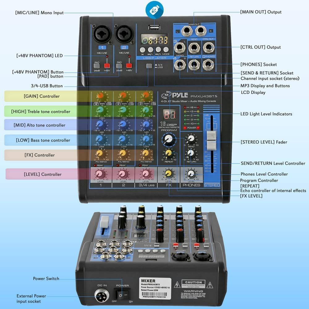 Pyle Professional Audio Mixer Sound Board Console System- Interface 4 Channel Digital USB Bluetooth MP3 Computer Input 48V Phantom Power Stereo DJ Studio Streaming FX 16-Bit DSP Processor- PMXU43BT.5