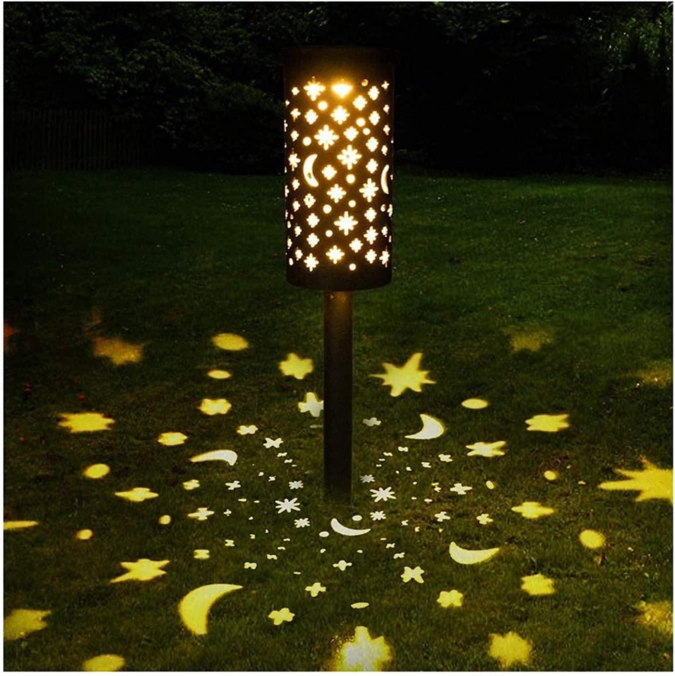Solar Lawn Light Iron Lantern Hollow LED Star Moon Outdoor Garden Flame Ground Lamp, 4Pcs