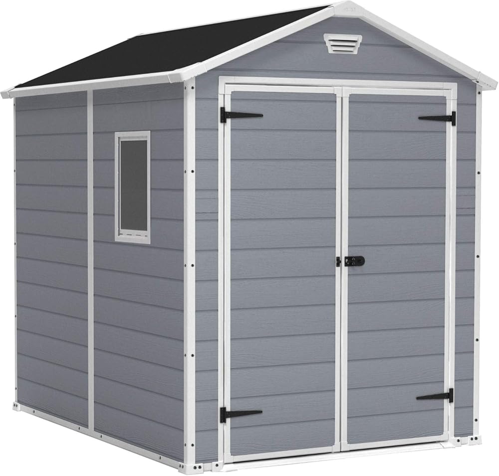 Keter Manor 6x8 Foot All Weather Garden Tool Outdoor Storage Shed with Lockable Double Doors, Fixed Window and Wood-look Resin Walls, Grey