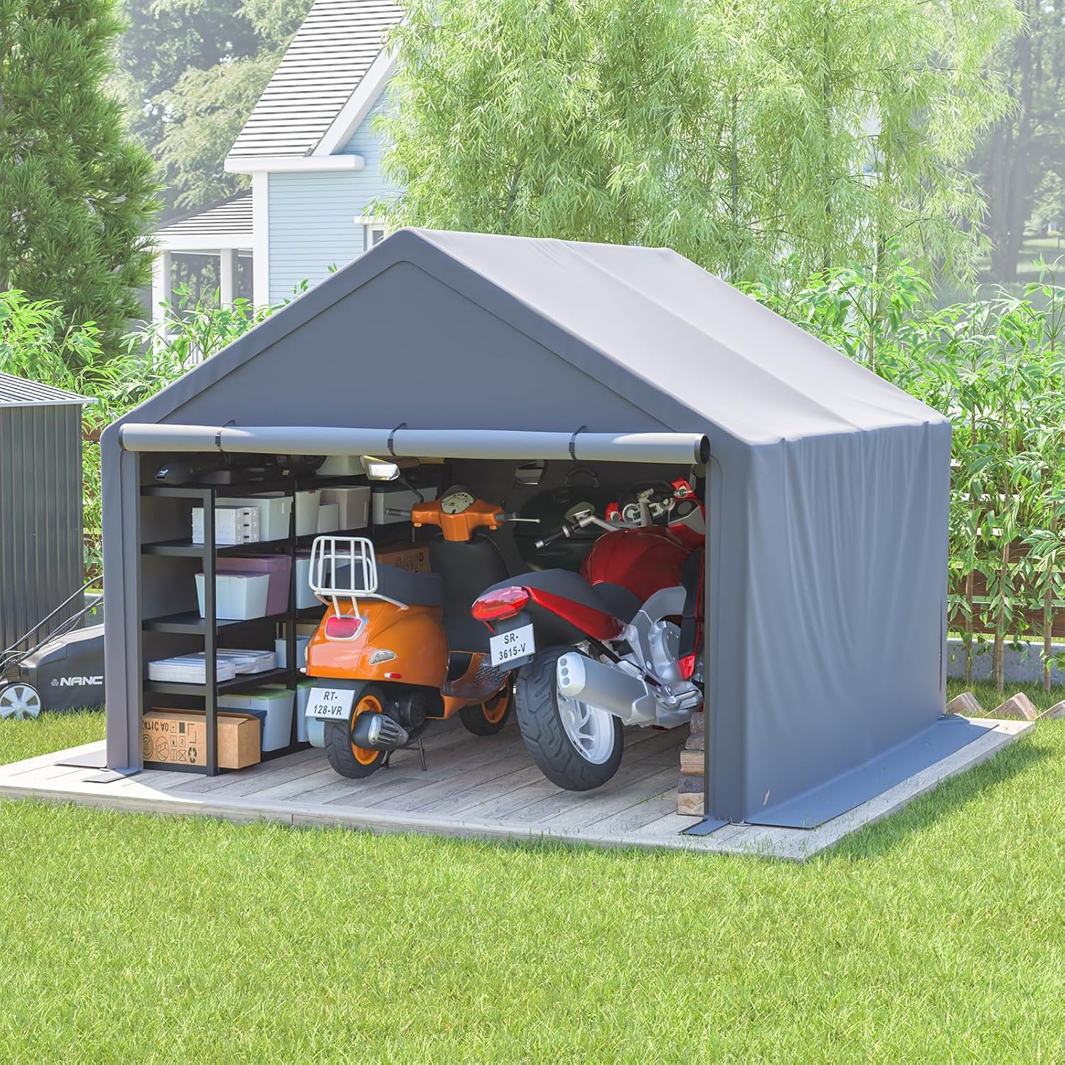 Outdoor Storage Shed, 10x10 Ft, Heavy-Duty Metal Frame, Grey, Waterproof Cover with Roll-Up Doors
