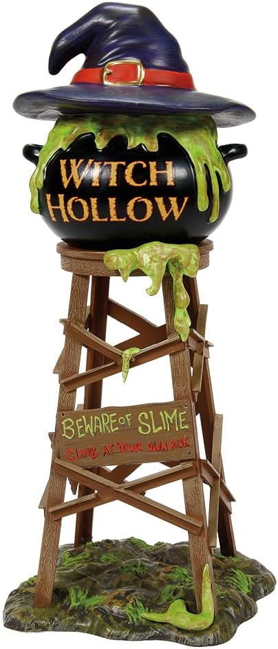 Department 56 Snow Village Halloween Accessories Witch Hollow Watertower Figurine- Resin Hand Painted Crafted Collectible Halloween Village House Figurines Accessory Home Decor Statues, 10.5 Inch