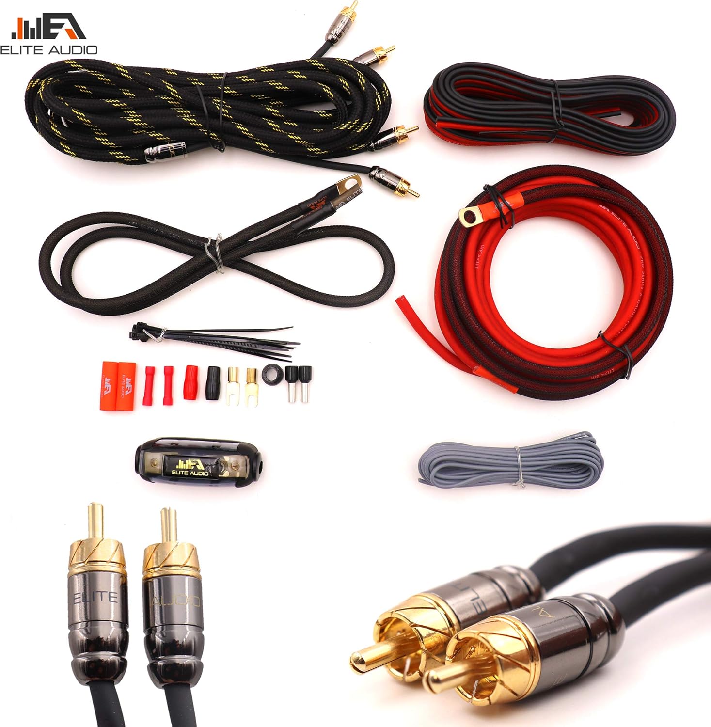 Elite Audio Pro Series Amplifier Wiring Kit & 4-Channel RCA Combo - 2500w Max Power, 8GA (AWG) Cables, Dual RCA Sets, ANL Fuse & Holder (Model: EA-PROK8 + EA-PRO417)