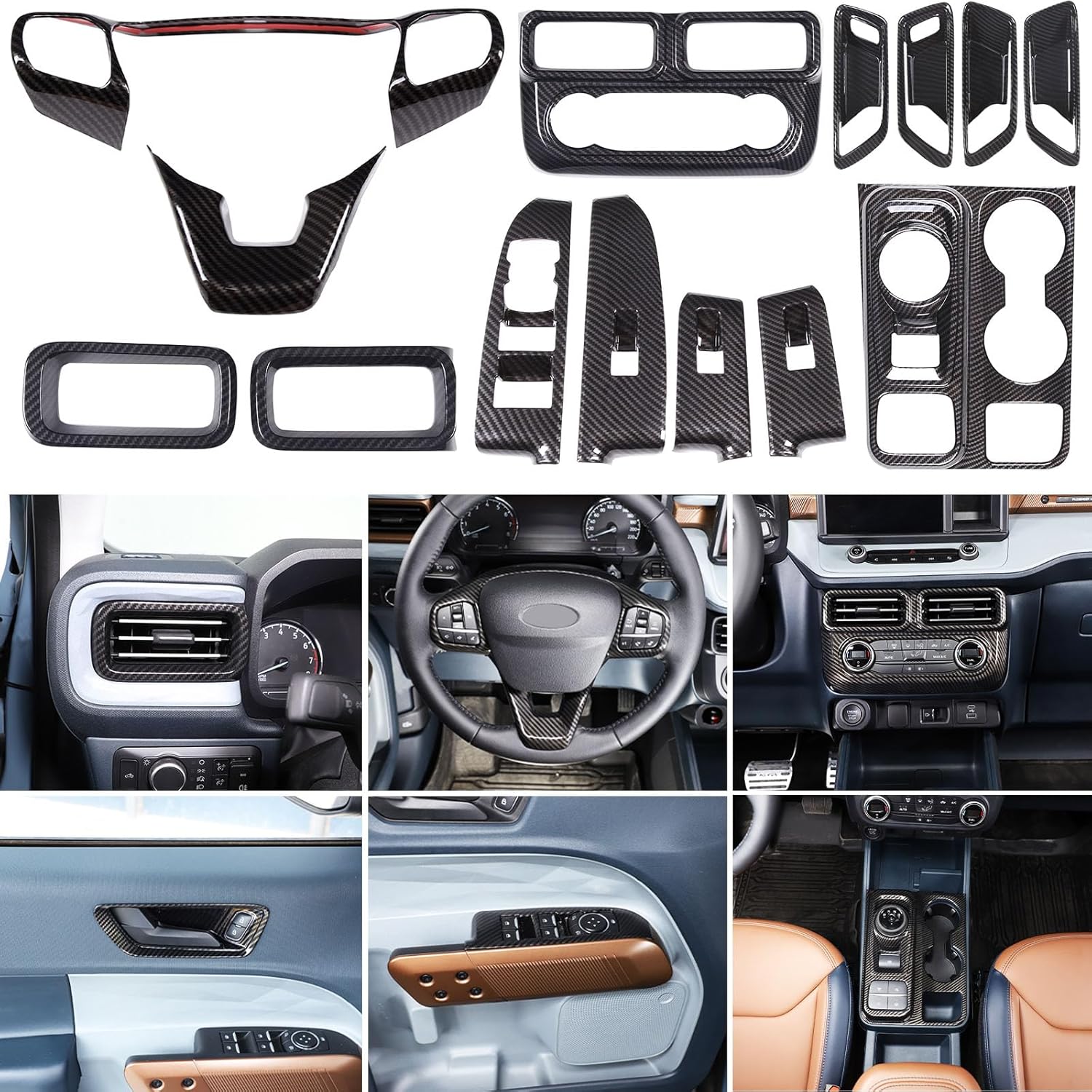 Car 14Pcs Interior Decoration Trim Set Compatible with Ford Maverick 2022-2024 Center Console Gear Shift/Side Outlet Vent/Door Handle/Window Lift/Steering Button Panel Protector Cover ABS Accessories