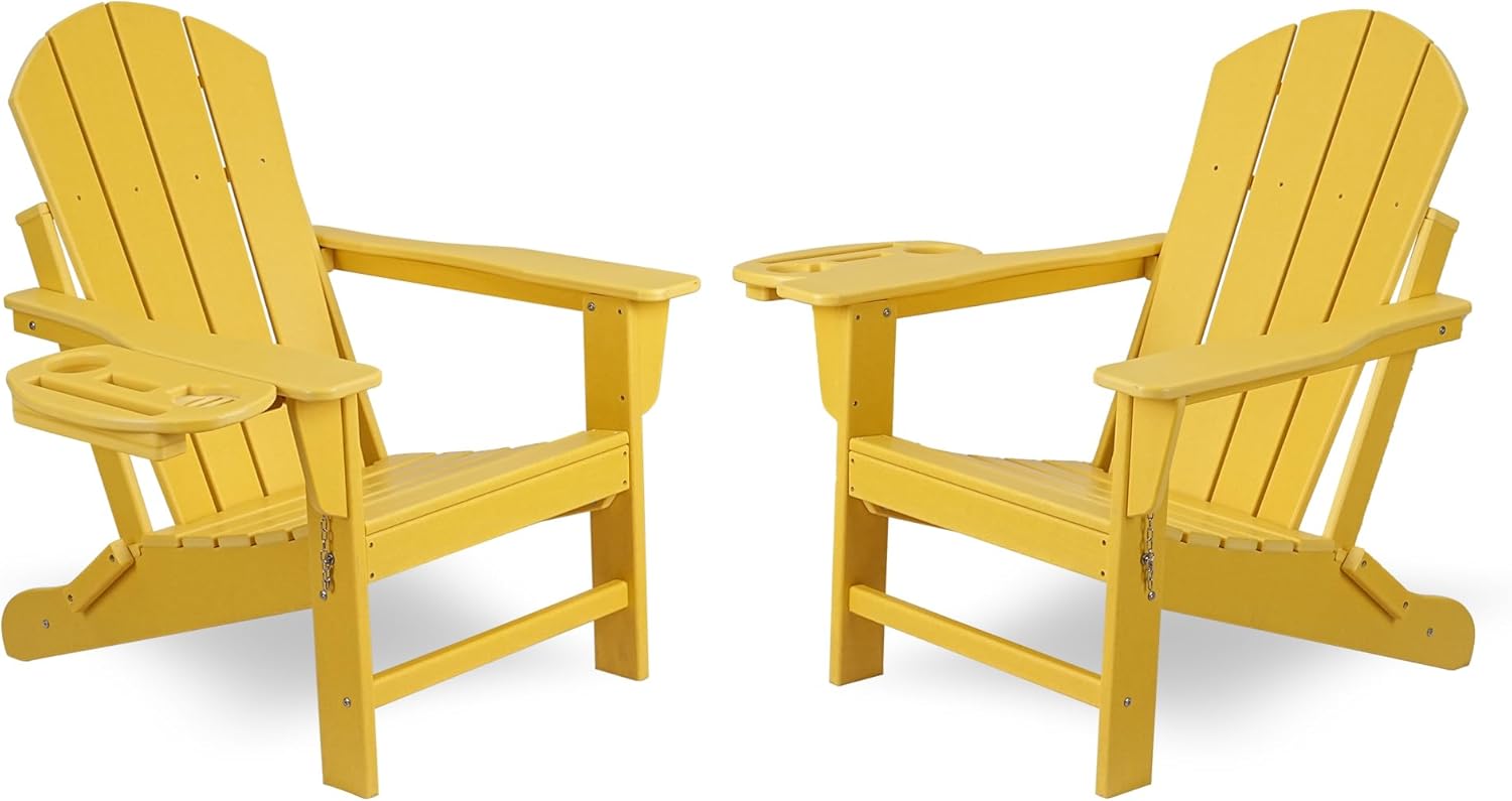FOOWIN Folding Adirondack Chair Set of 2, HDPE Adirondack Chairs with Cup Holder, Weather Resistant Plastic Fire Pit Chairs for Outdoor, Patio, Lawn, Garden, Backyard, Deck, Yellow
