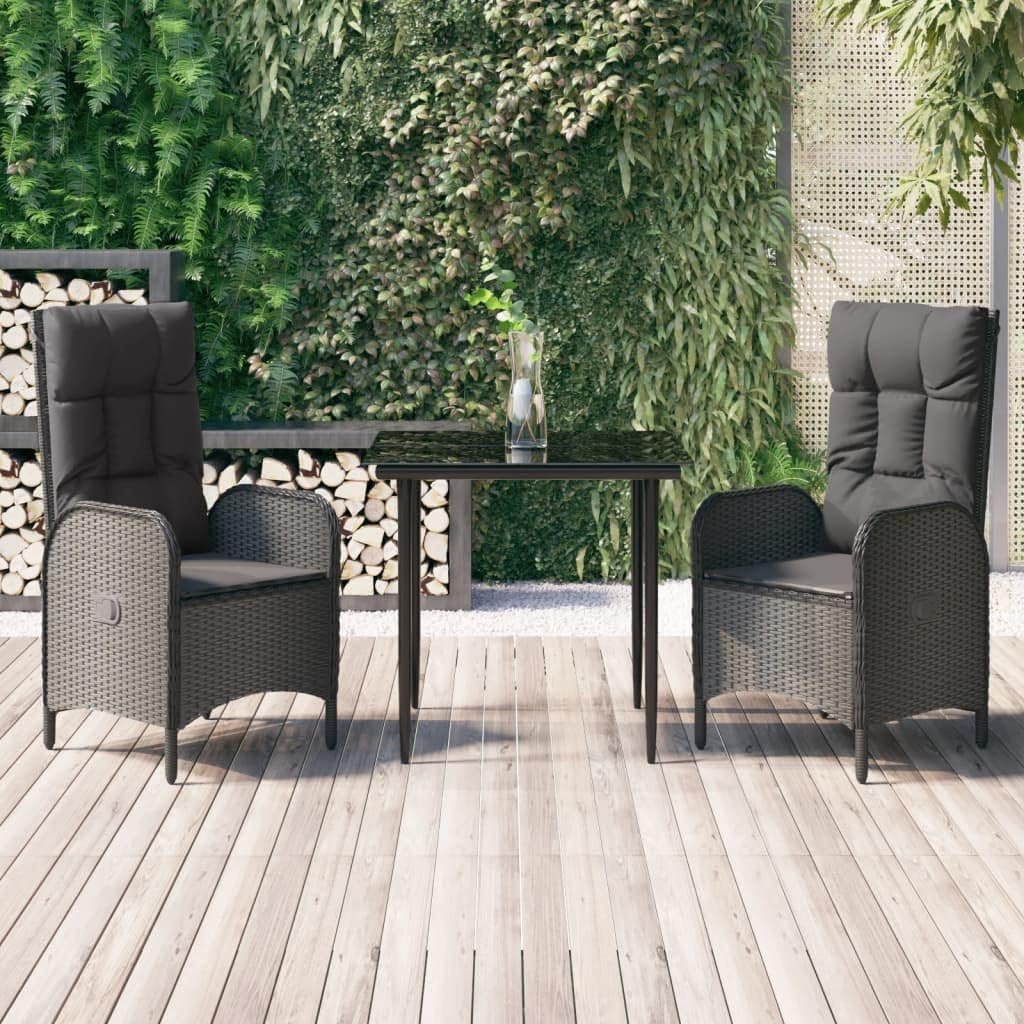 3 Piece Patio Dining Set with Cushions Black Poly Rattan Garden Furniture