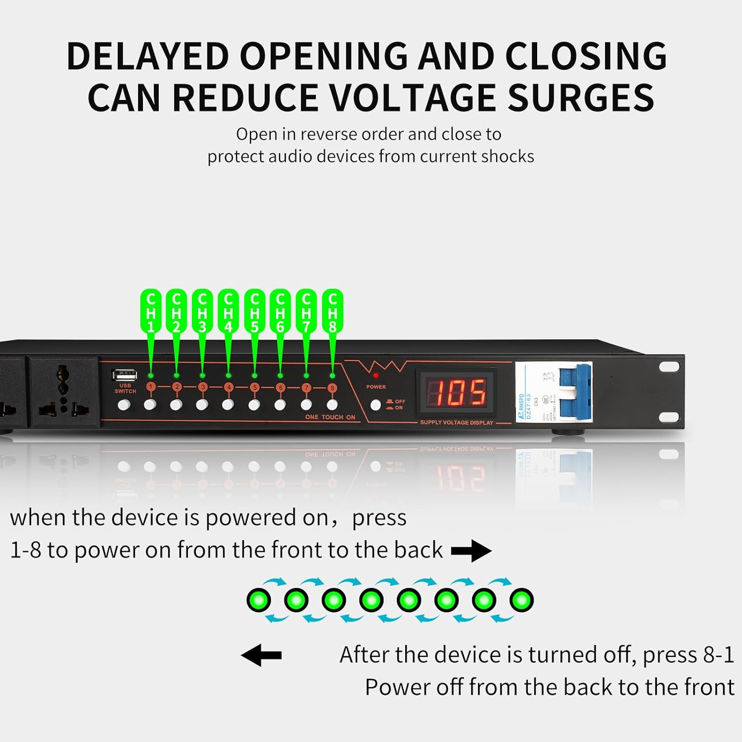 XUTGA 10 Outlet Power Conditioner for Audio Equipment 6000W with Air Breaker, Power Sequencer Conditioner Rack Mount, LCD Display 110-220V with USB,Surge Protector