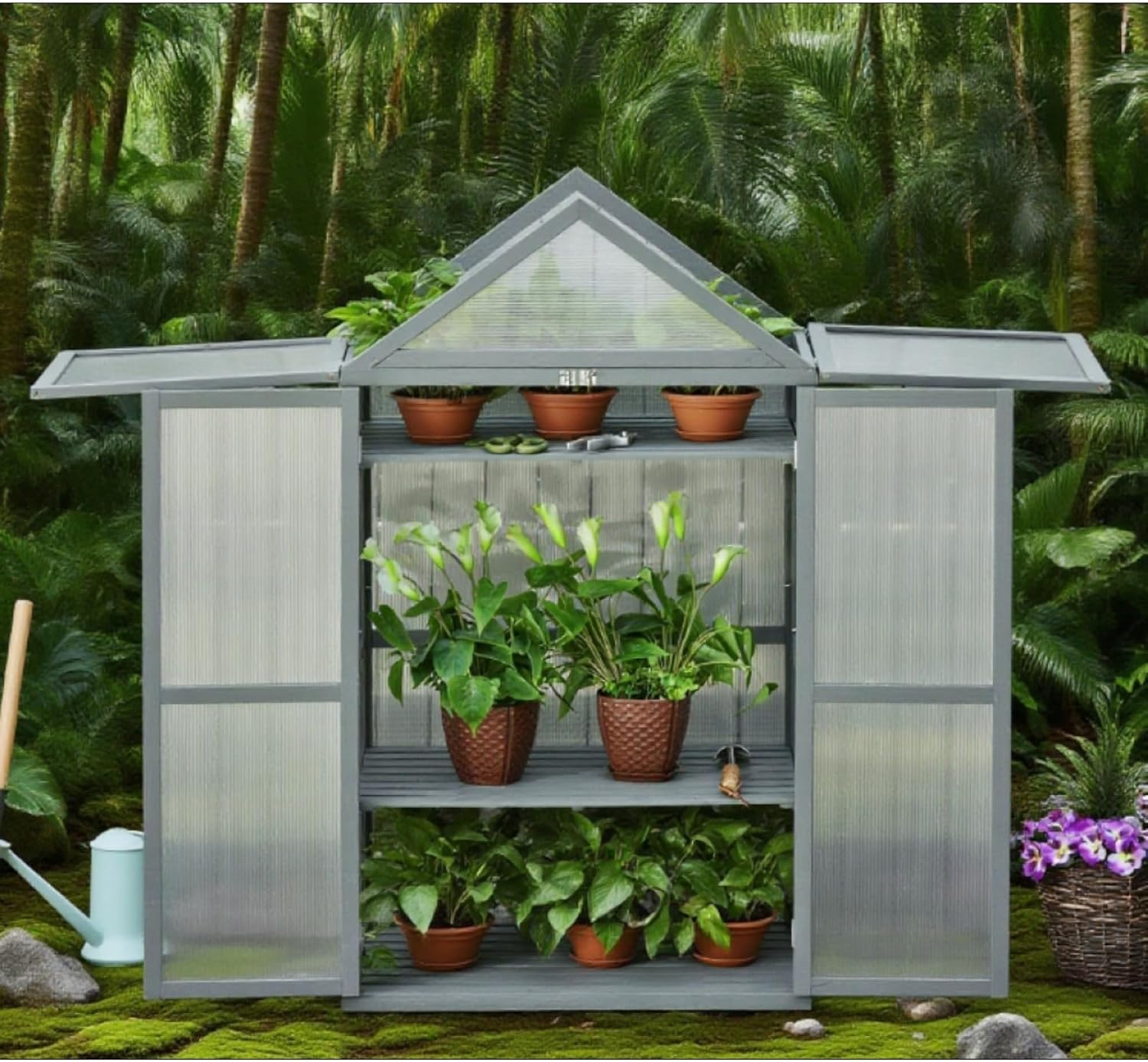 Wooden Cold Frame Greenhouse w/2 Clear Doors for Outdoor Indoor, Heavy Duty Plant Garden Hot House with 4-Tier Shelves for Flower Plant Gardening Plants Cold, Frost Protection Wind Rain Proof (Gray)