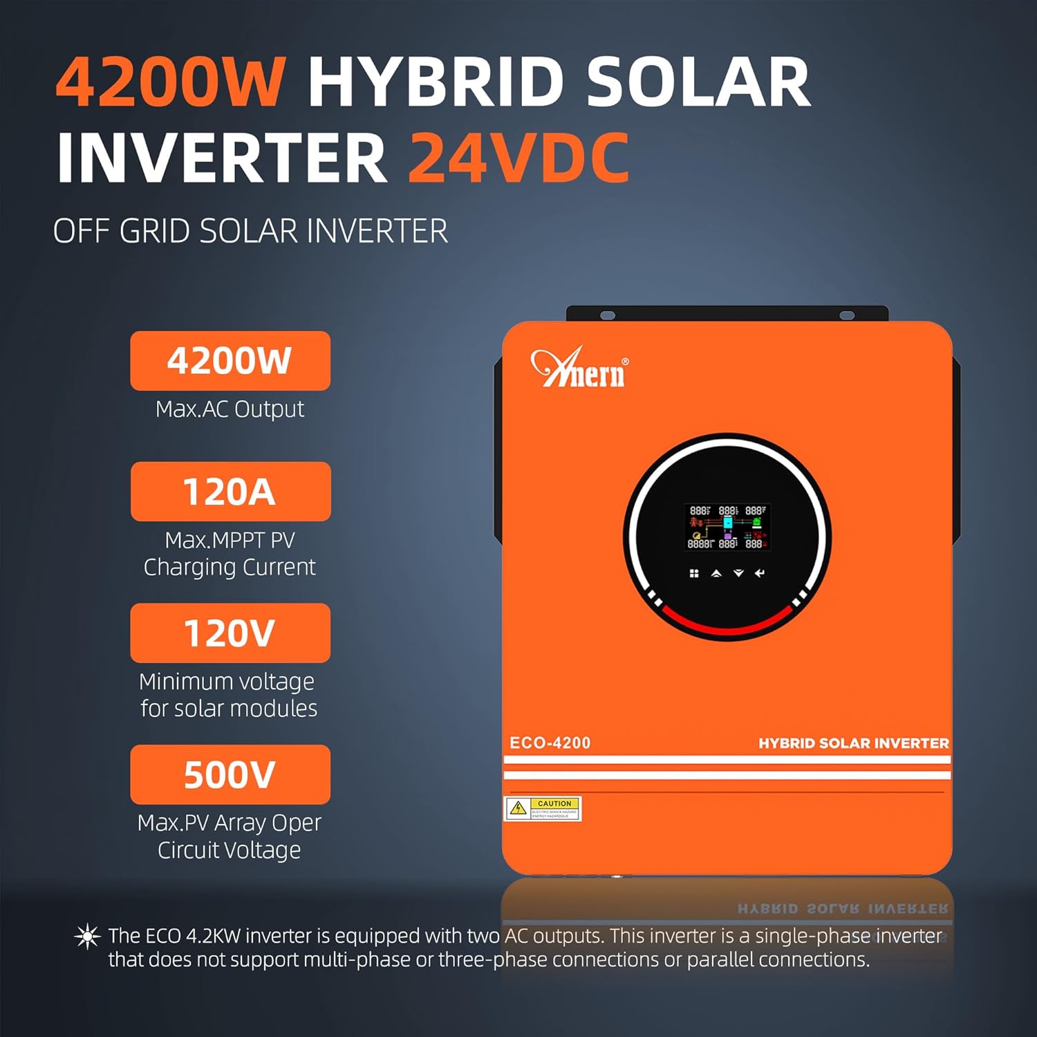 Anern 4200W Hybrid Solar Inverter 24V DC to 220-230VAC, All-in-One Hybrid Inverter Charger Built-in 120A MPPT Controller, Max PV Array 6200W, Fit for 24V Lithium Lead-Acid Gel Battery Off-Grid System